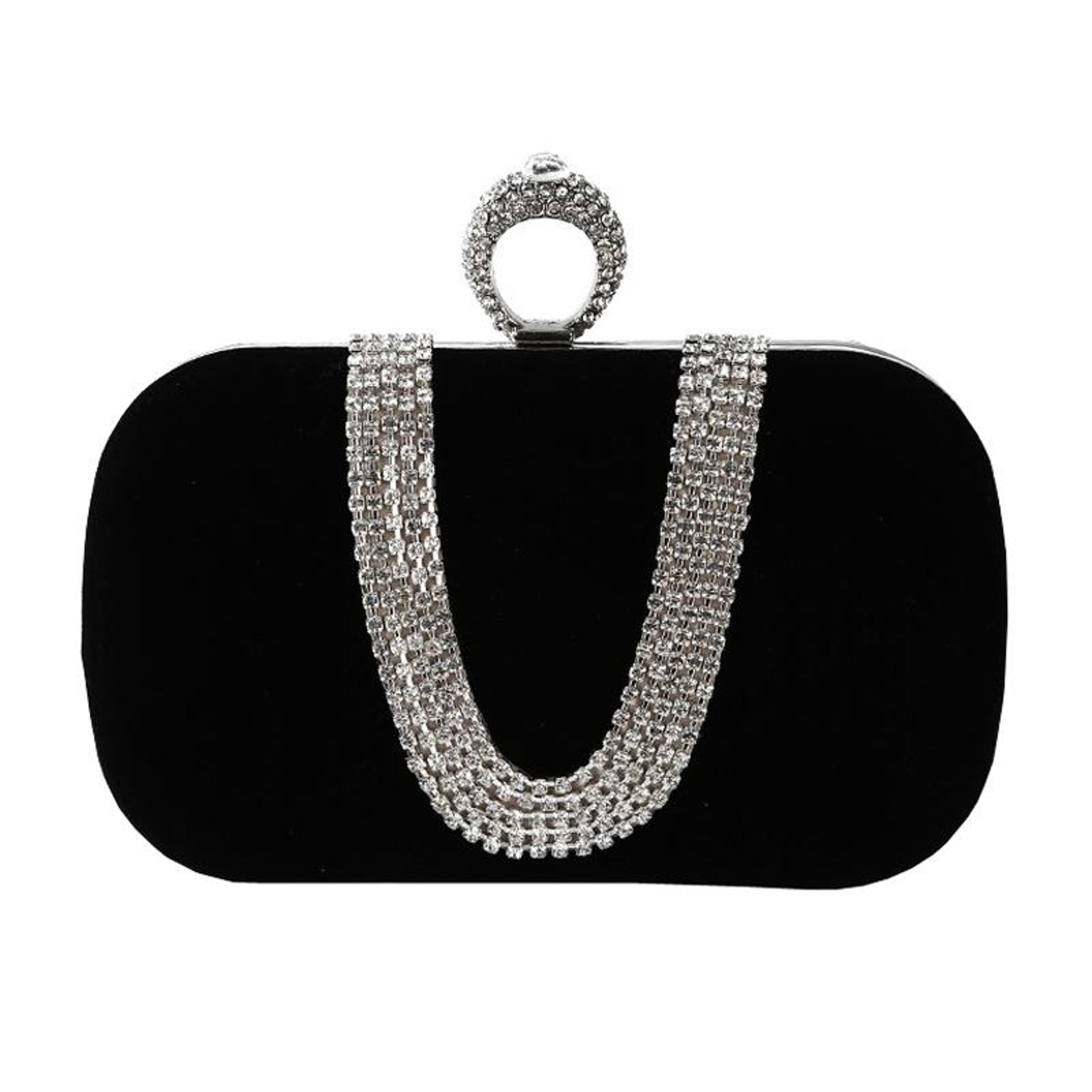 black velvet u shaped evening clutch bag with embellishments and detachable chain
