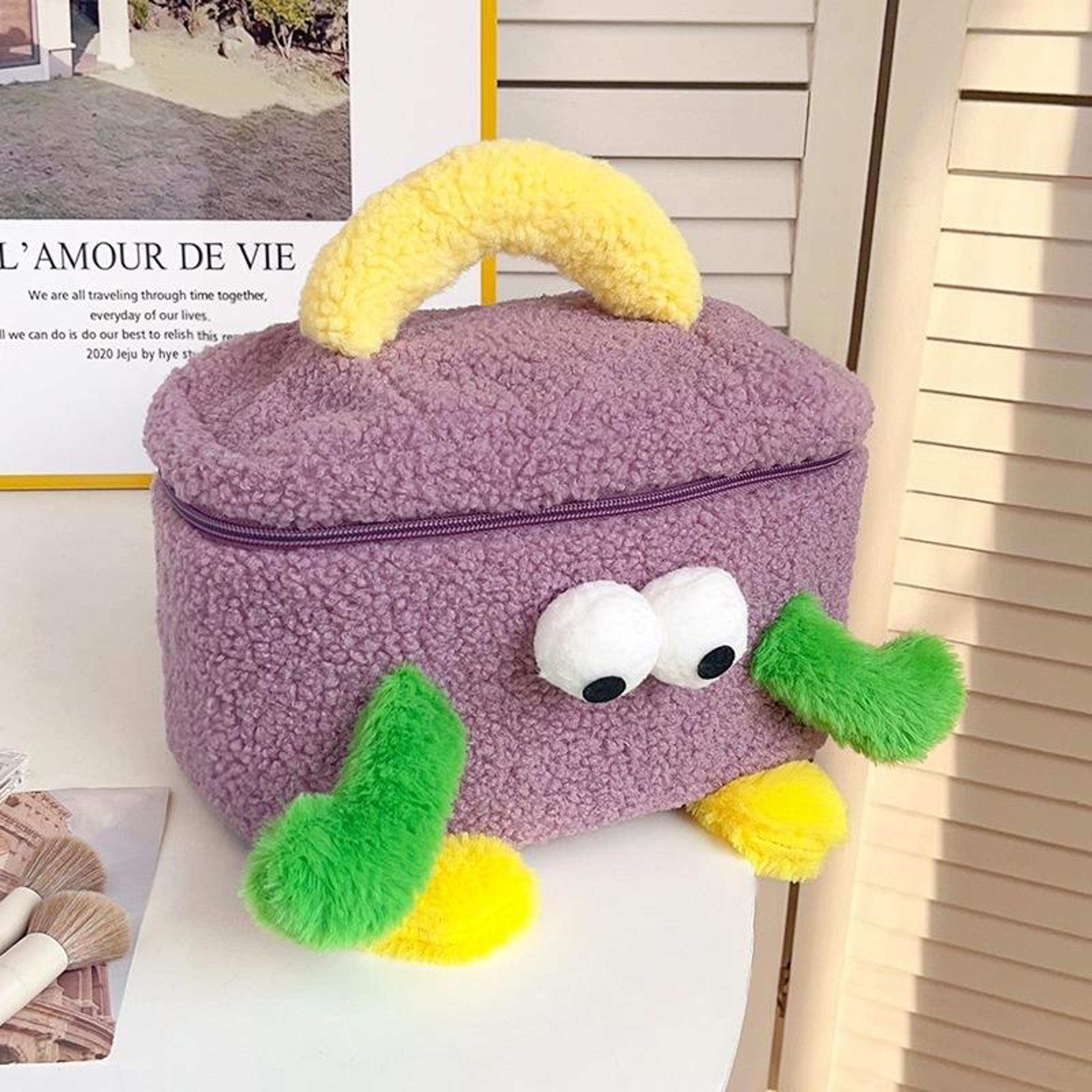 purple cartoon plush cosmetic bag with large capacity and carry handle