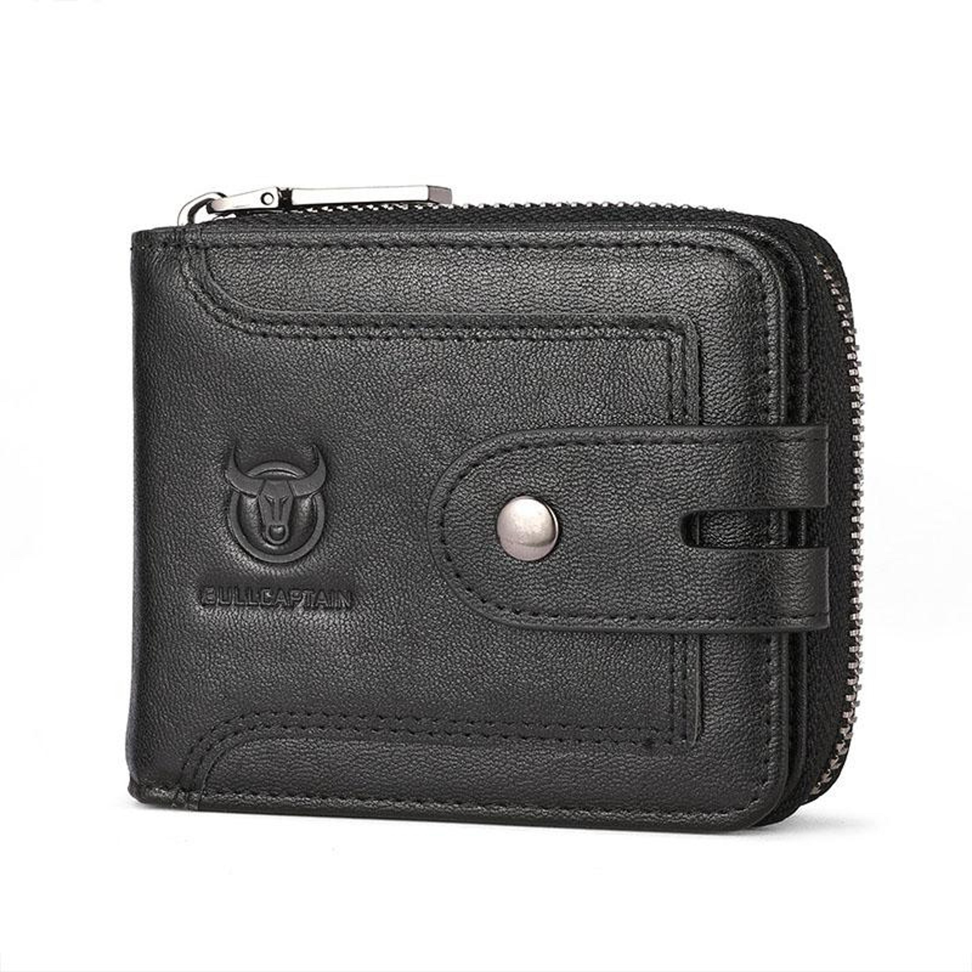 rfid blocking cowhide leather mens zipper wallet with multiple card slots black