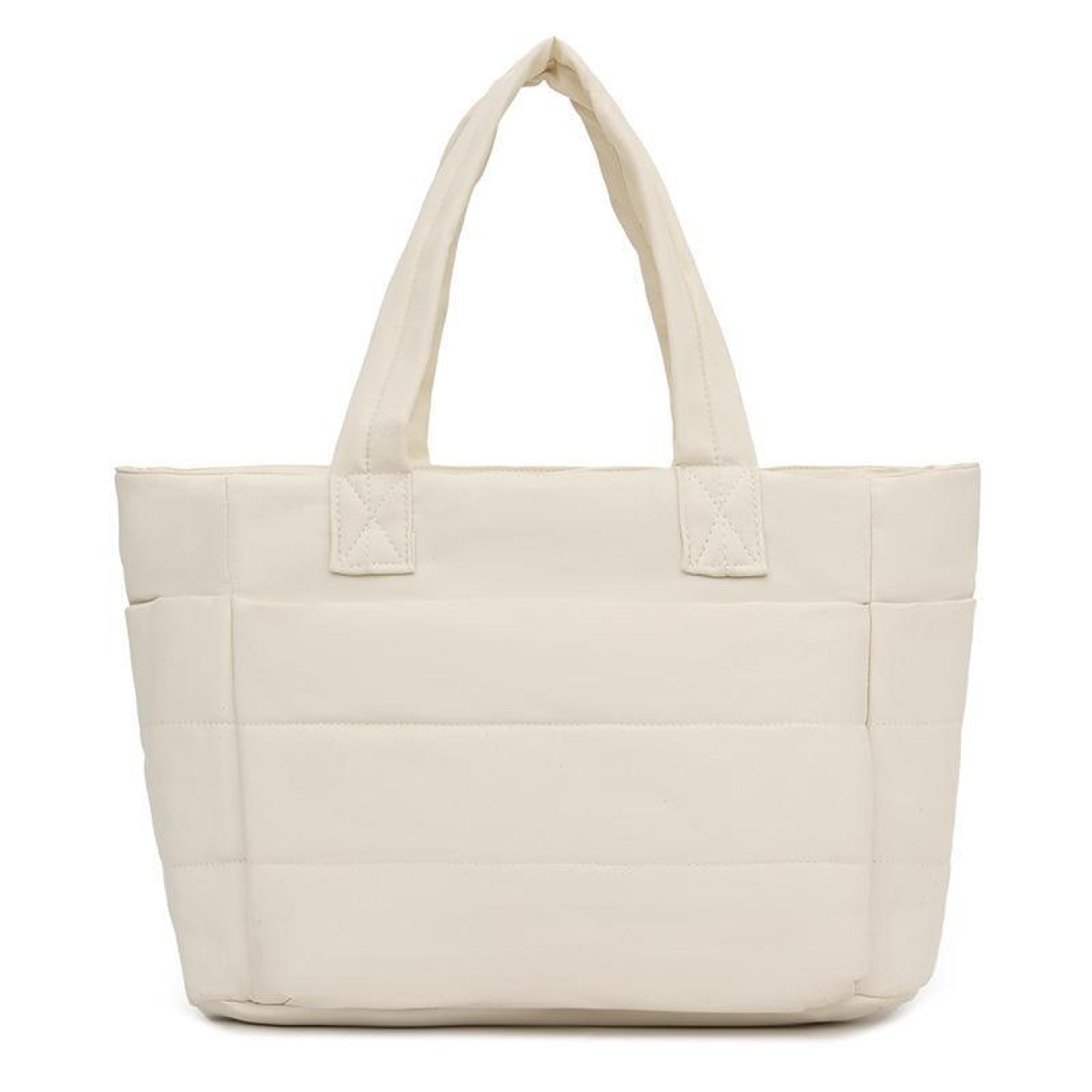 beige quilted puffer tote bag with laptop compartment and luggage sleeve