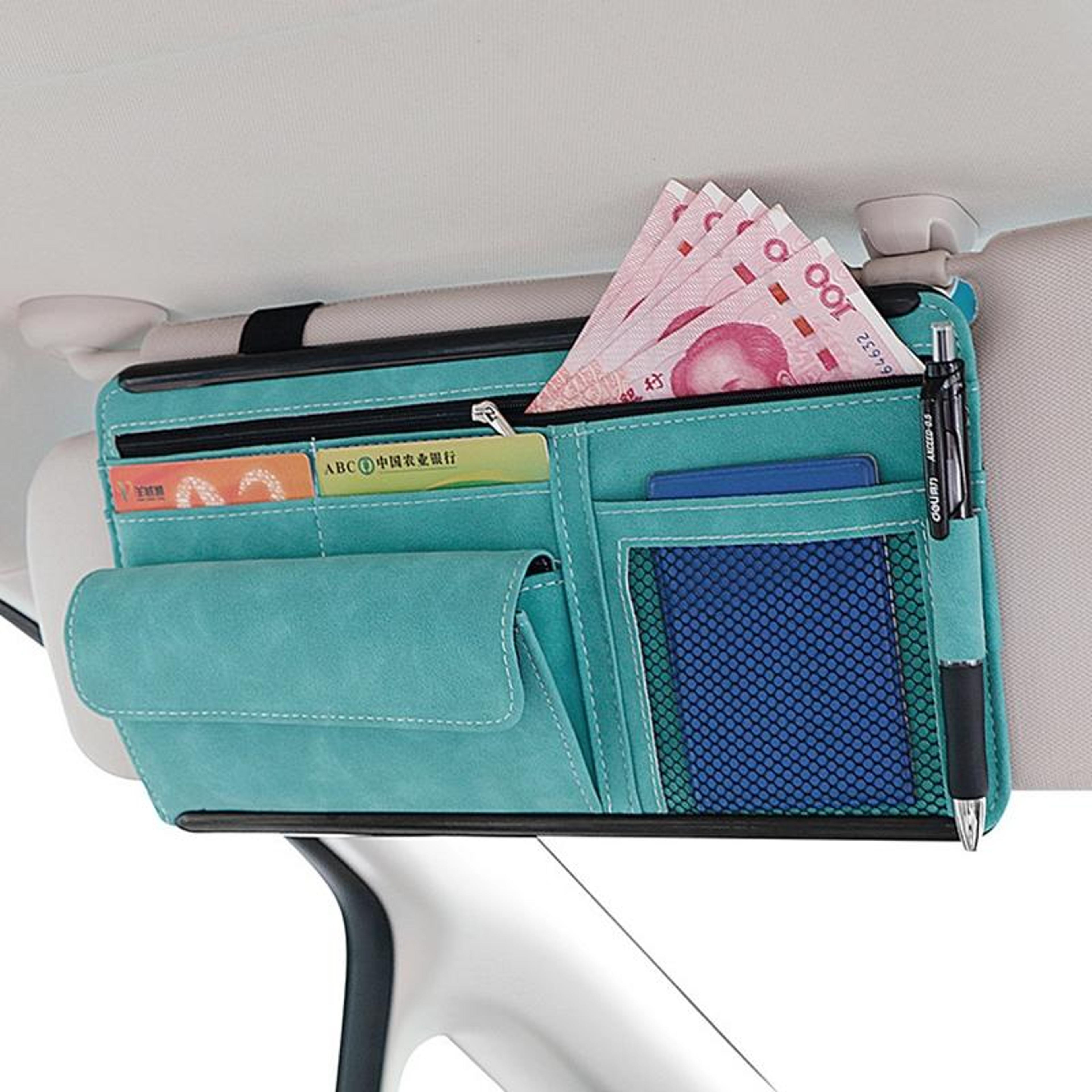 car sun visor storage bag in blue sheepskin suede leather
