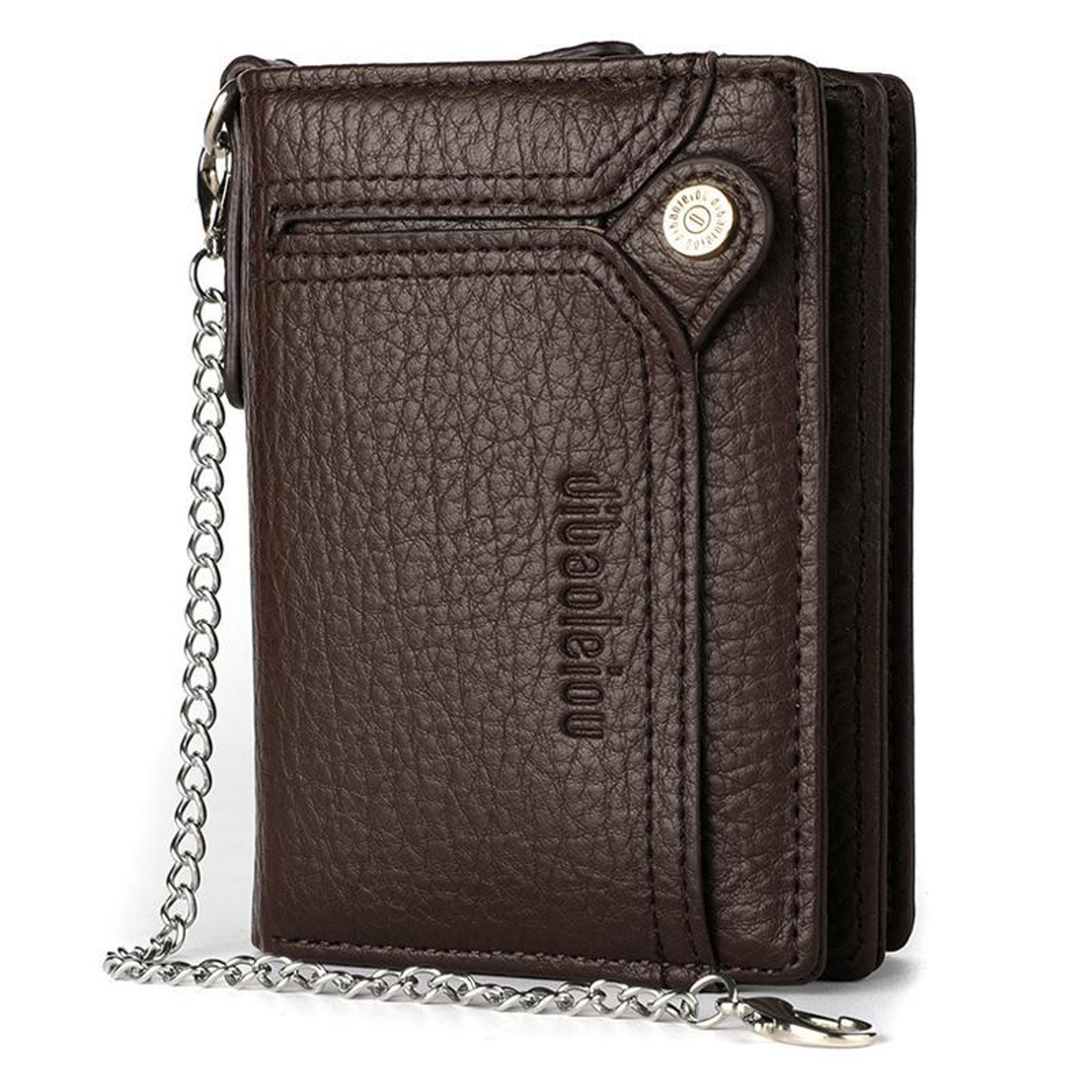 mens retro pu leather chain wallet with card slots and zipper pocket