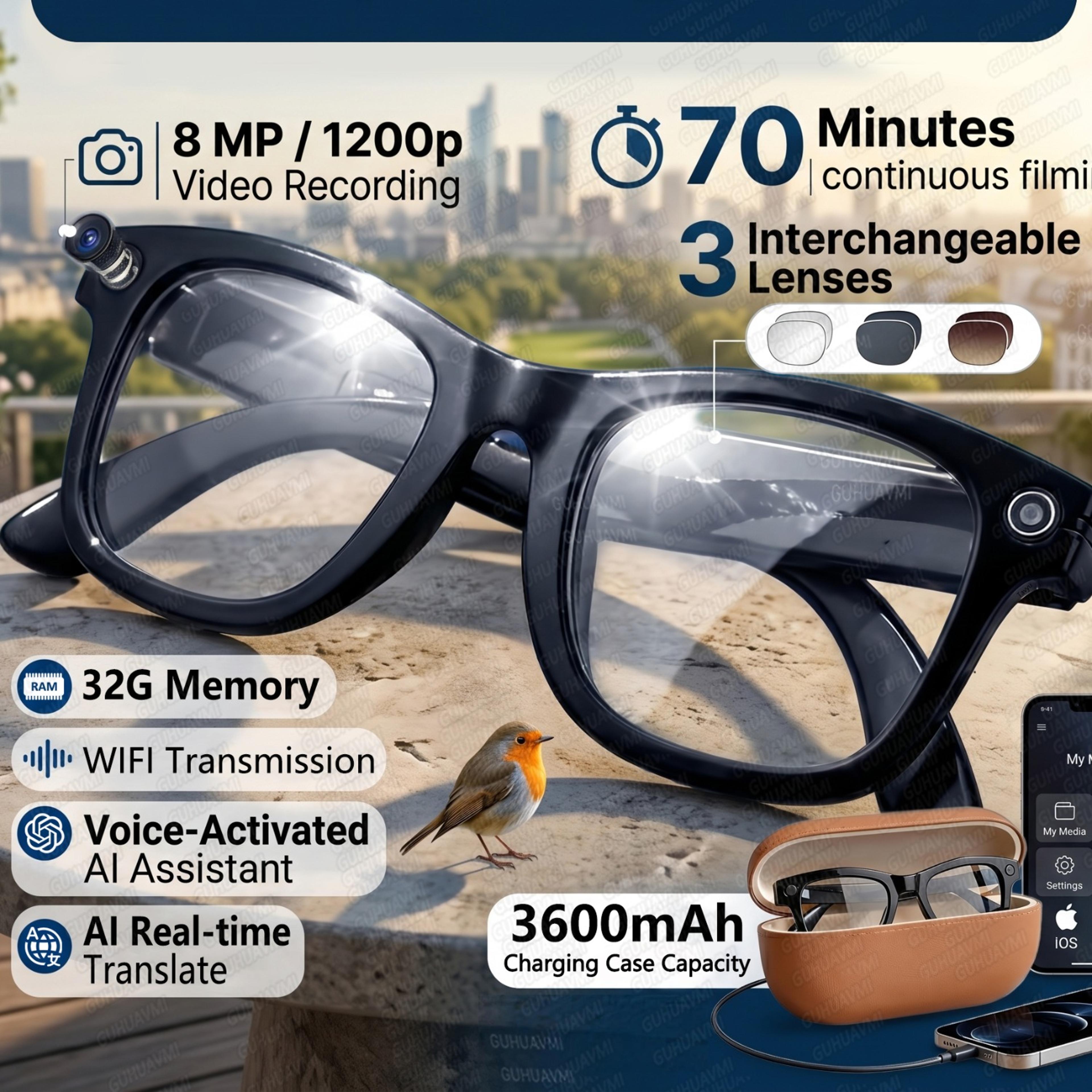 2026 New 3600mAh Battery AI Glasses Men 800W 4k Camera 32G Memory PhotosVideo 160Translation ChatGjp