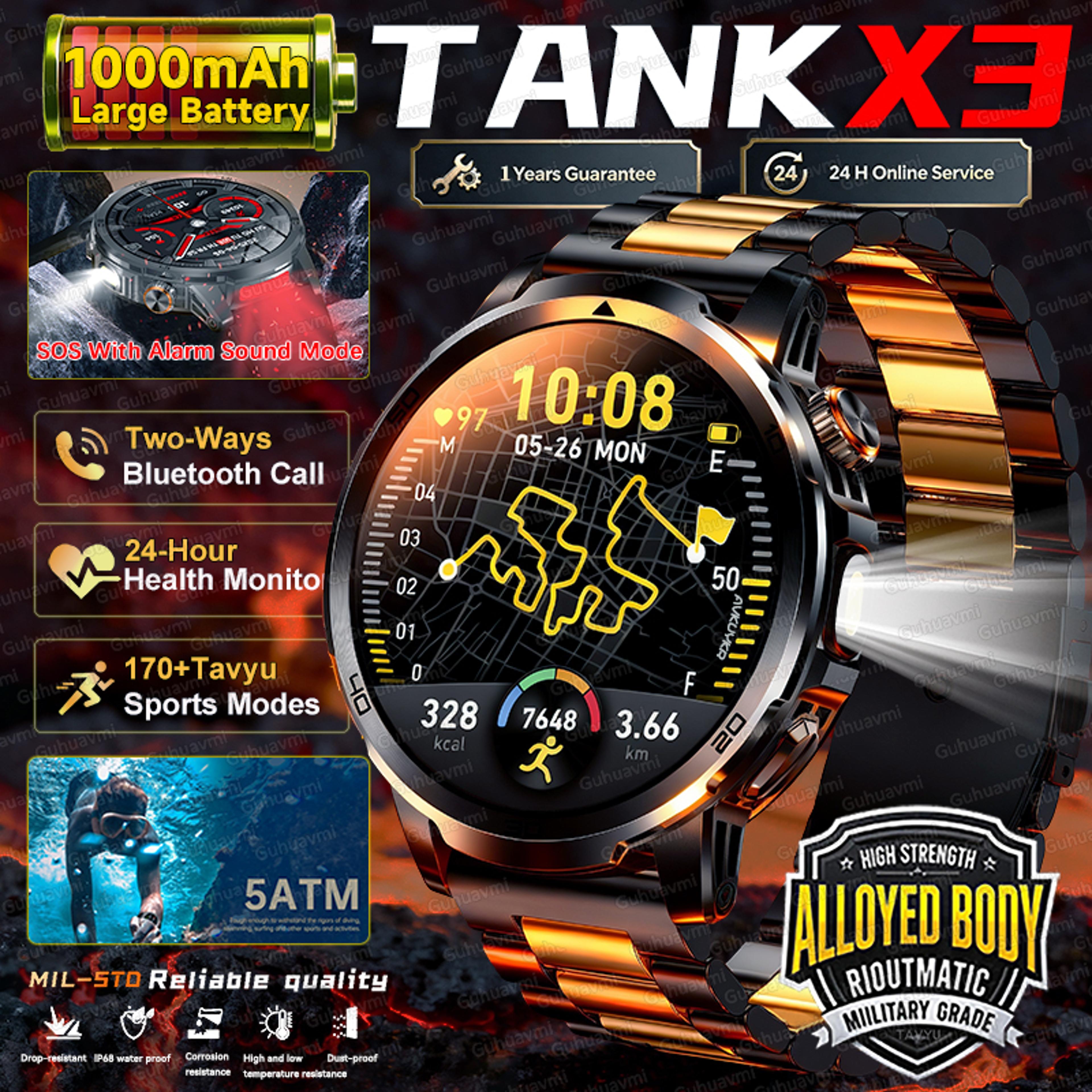 rugged military smart watch for men with battery, flashlight & bluetooth calling