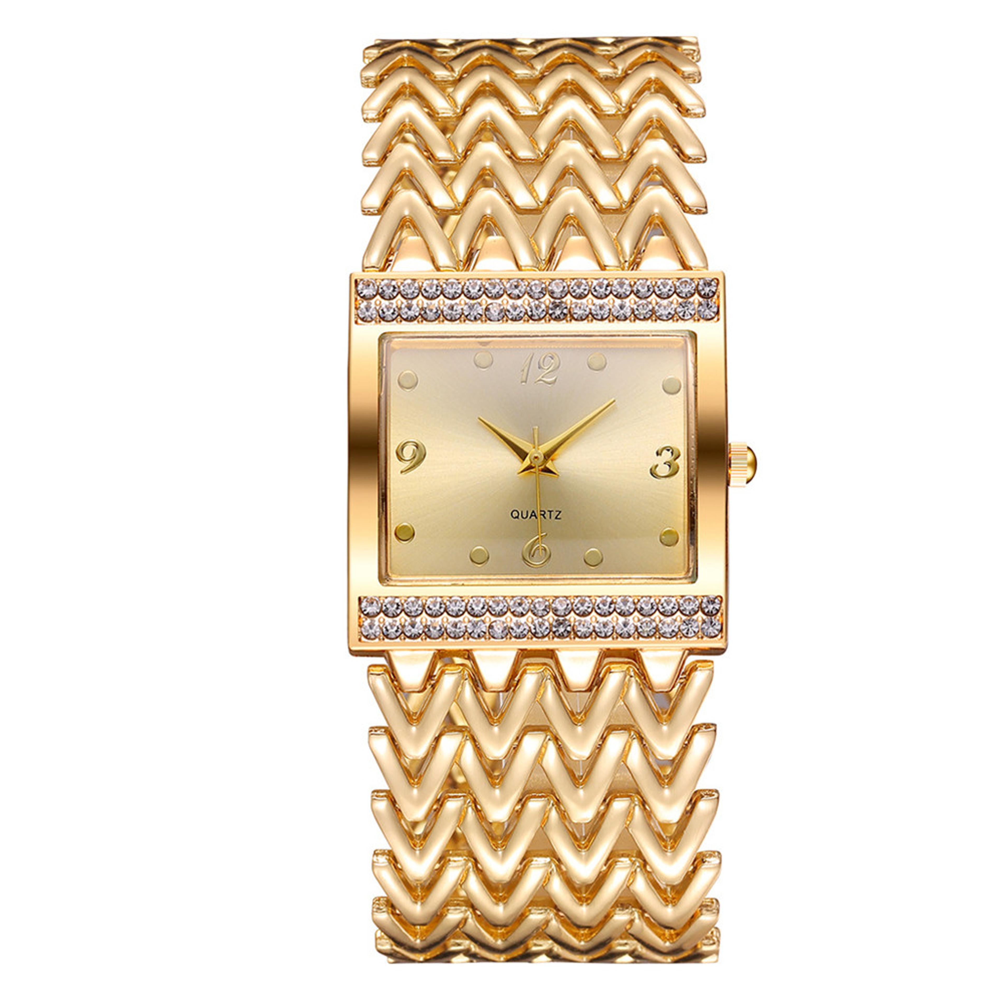 square gold womens bracelet watch with diamond accents and quartz movement