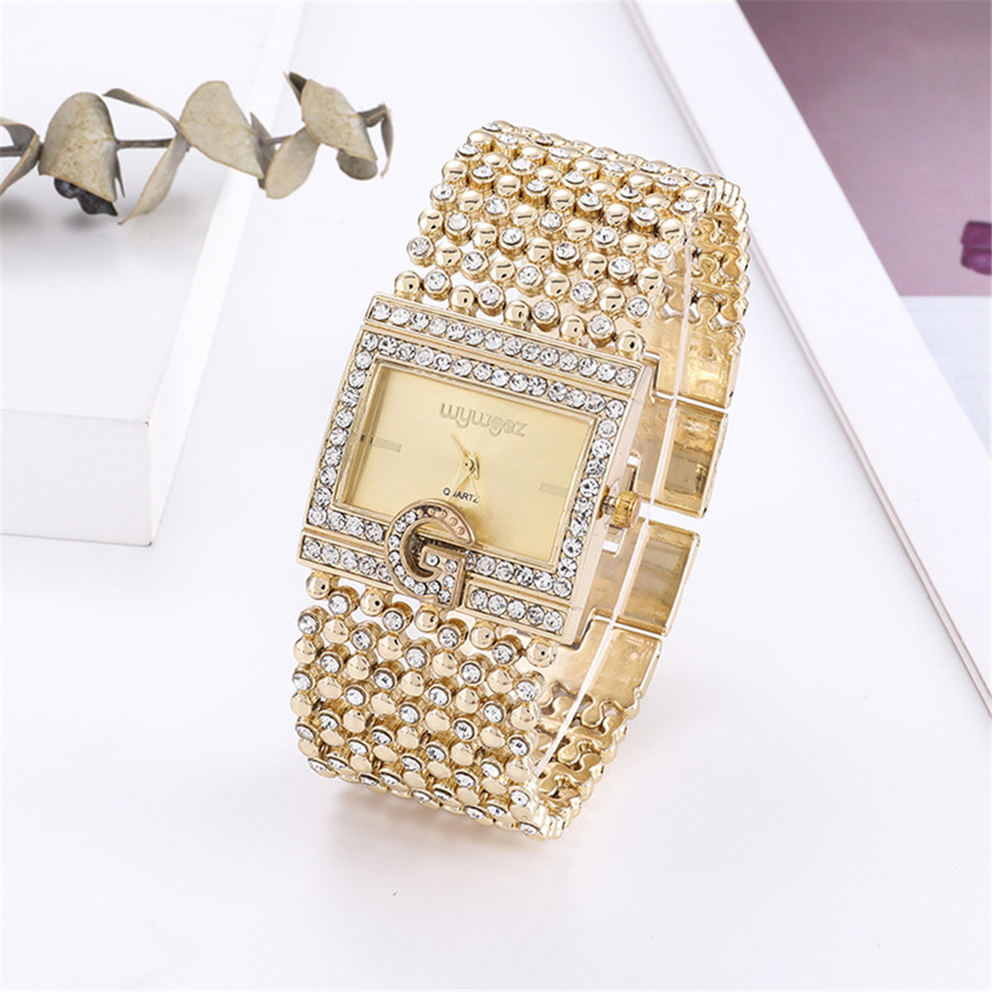 elegant square gold watch for women with diamond style dial and alloy bracelet