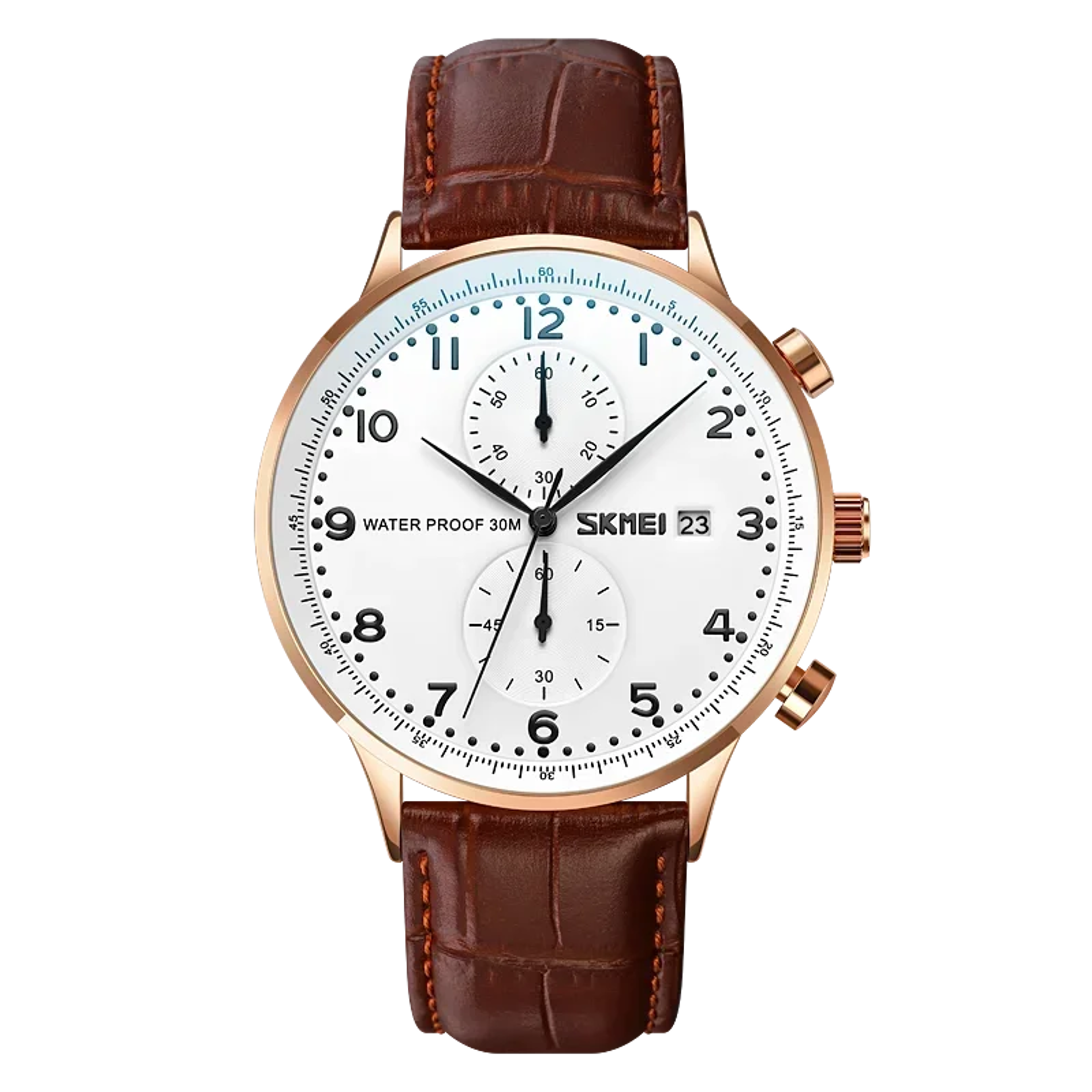 Classic Mens Leather Strap Watch With Chronograph Date And Water Resistance 1