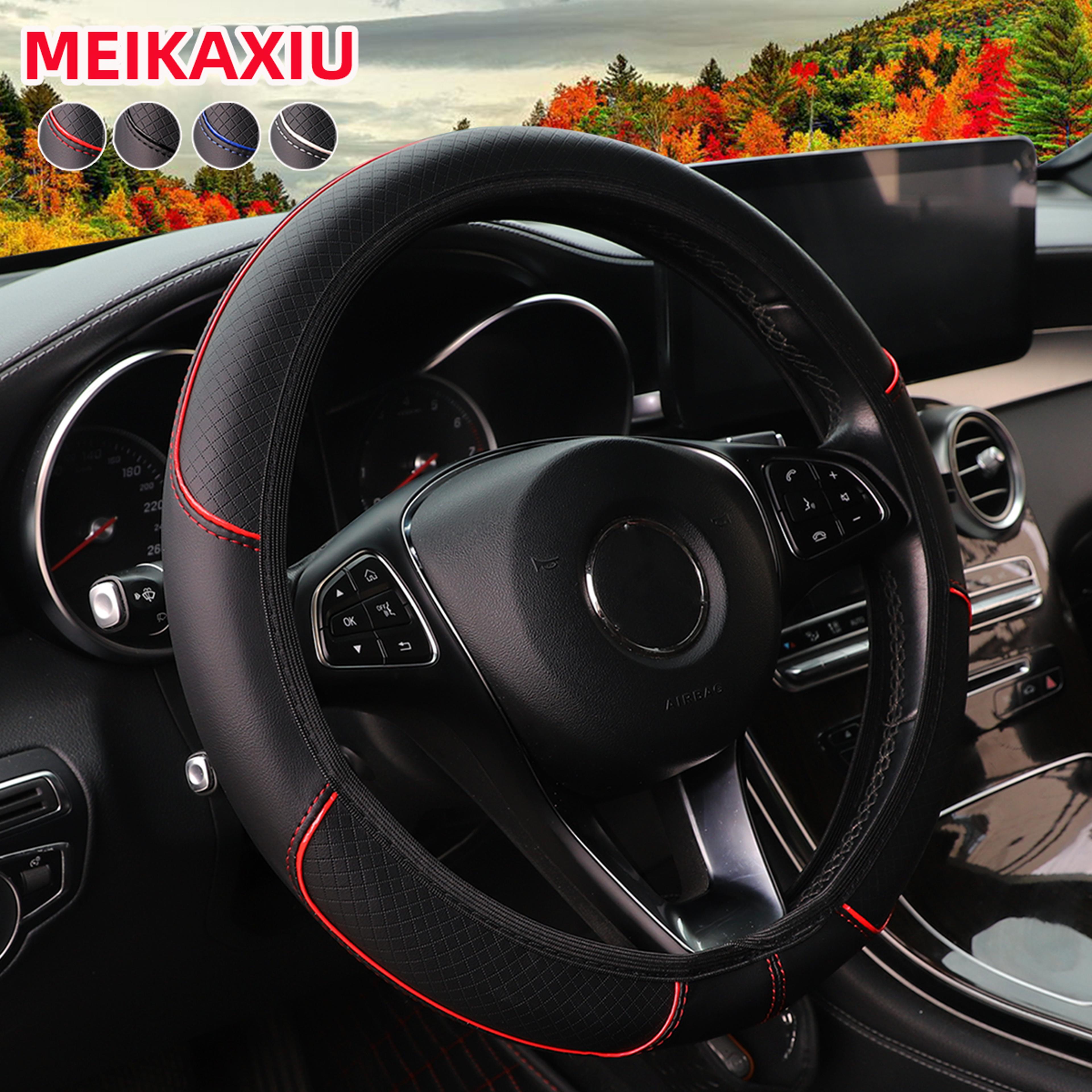 Check Pattern PU Leather Steering Wheel Cover Anti Slip Universal 7