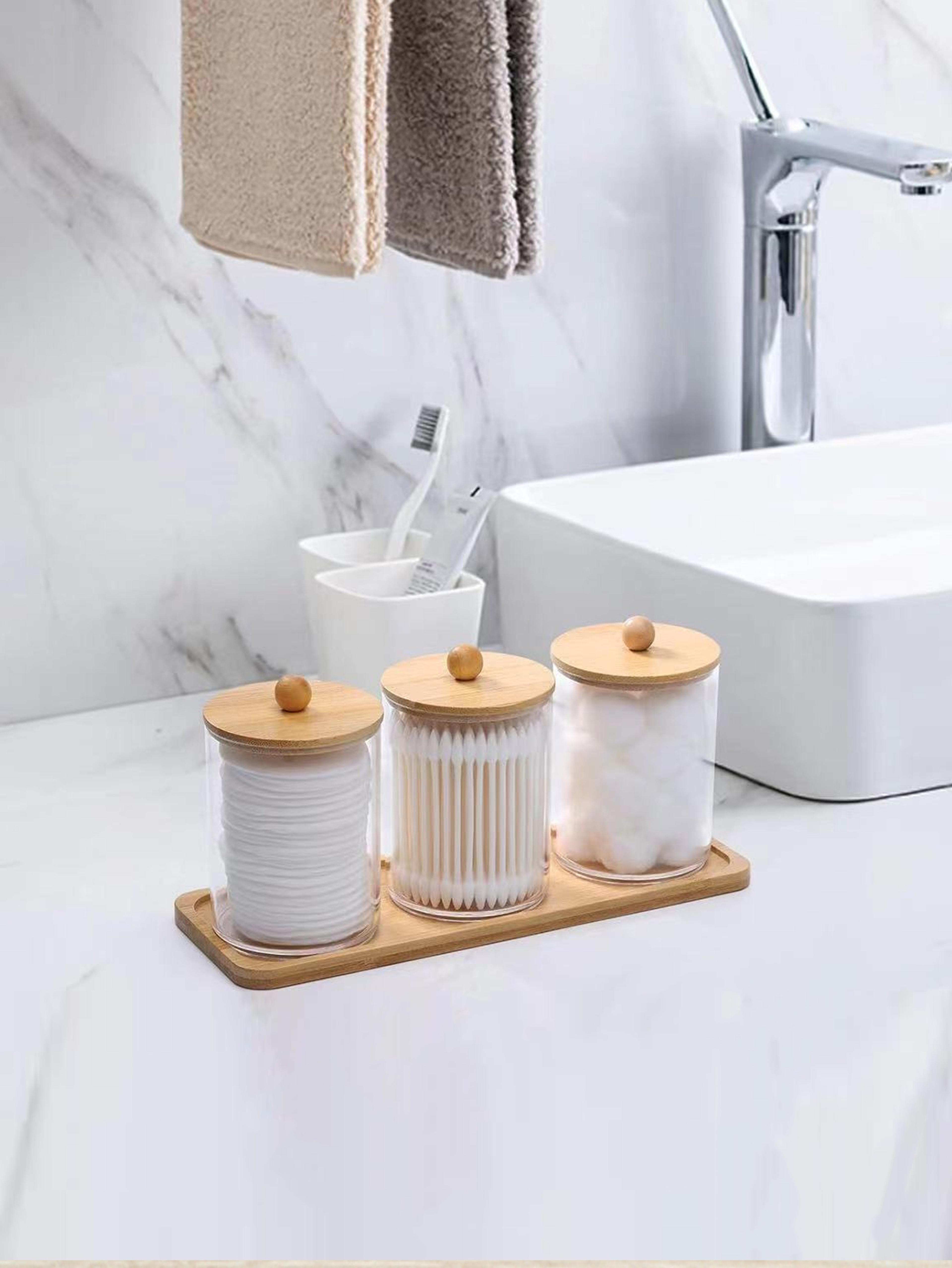 Circular Cotton Swab Storage Box With Transparent Plastic Body And Bamboo Cover 2