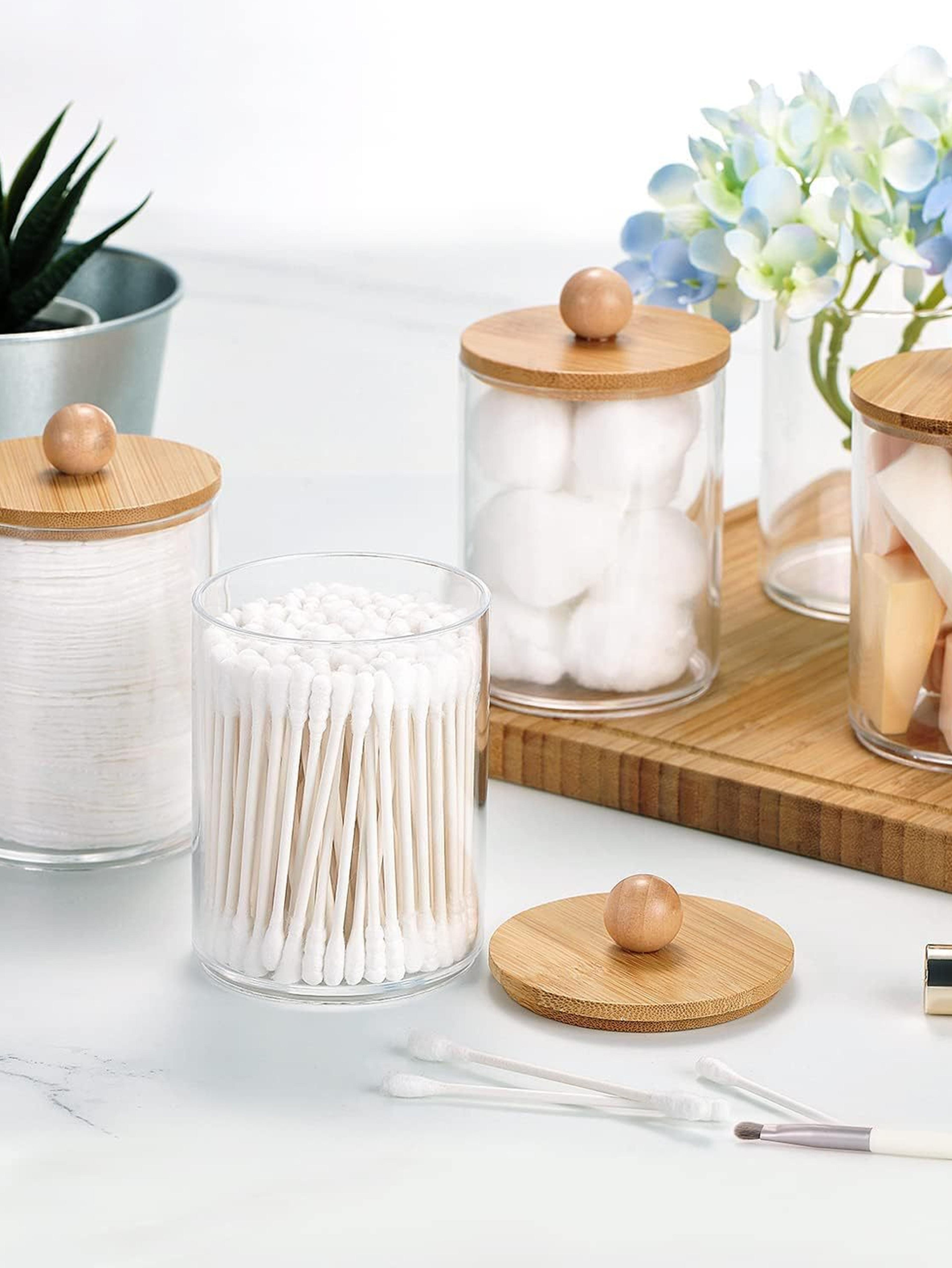 Circular Cotton Swab Storage Box With Transparent Plastic Body And Bamboo Cover 3