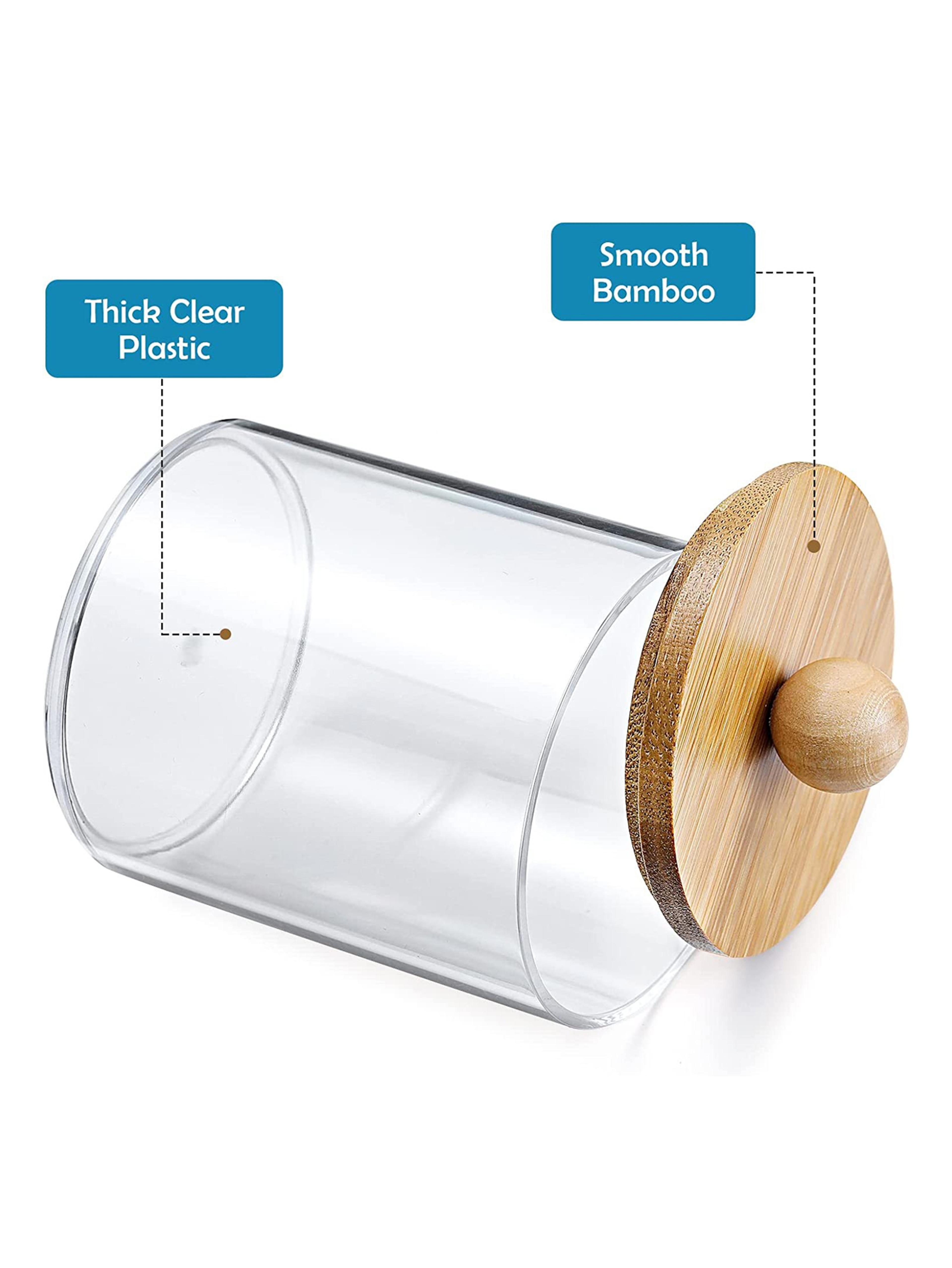 Circular Cotton Swab Storage Box With Transparent Plastic Body And Bamboo Cover 4
