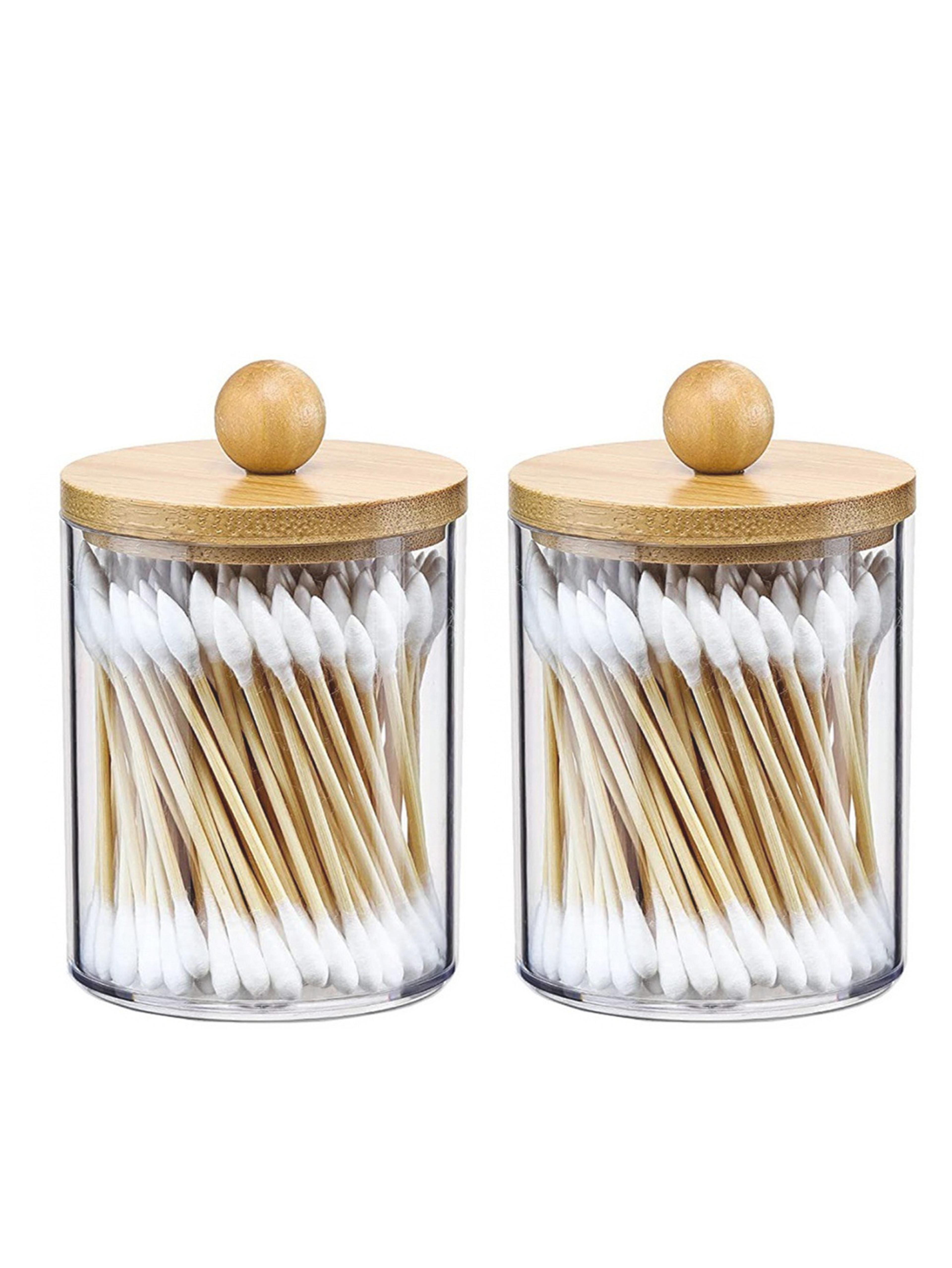 Circular Cotton Swab Storage Box With Transparent Plastic Body And Bamboo Cover 7