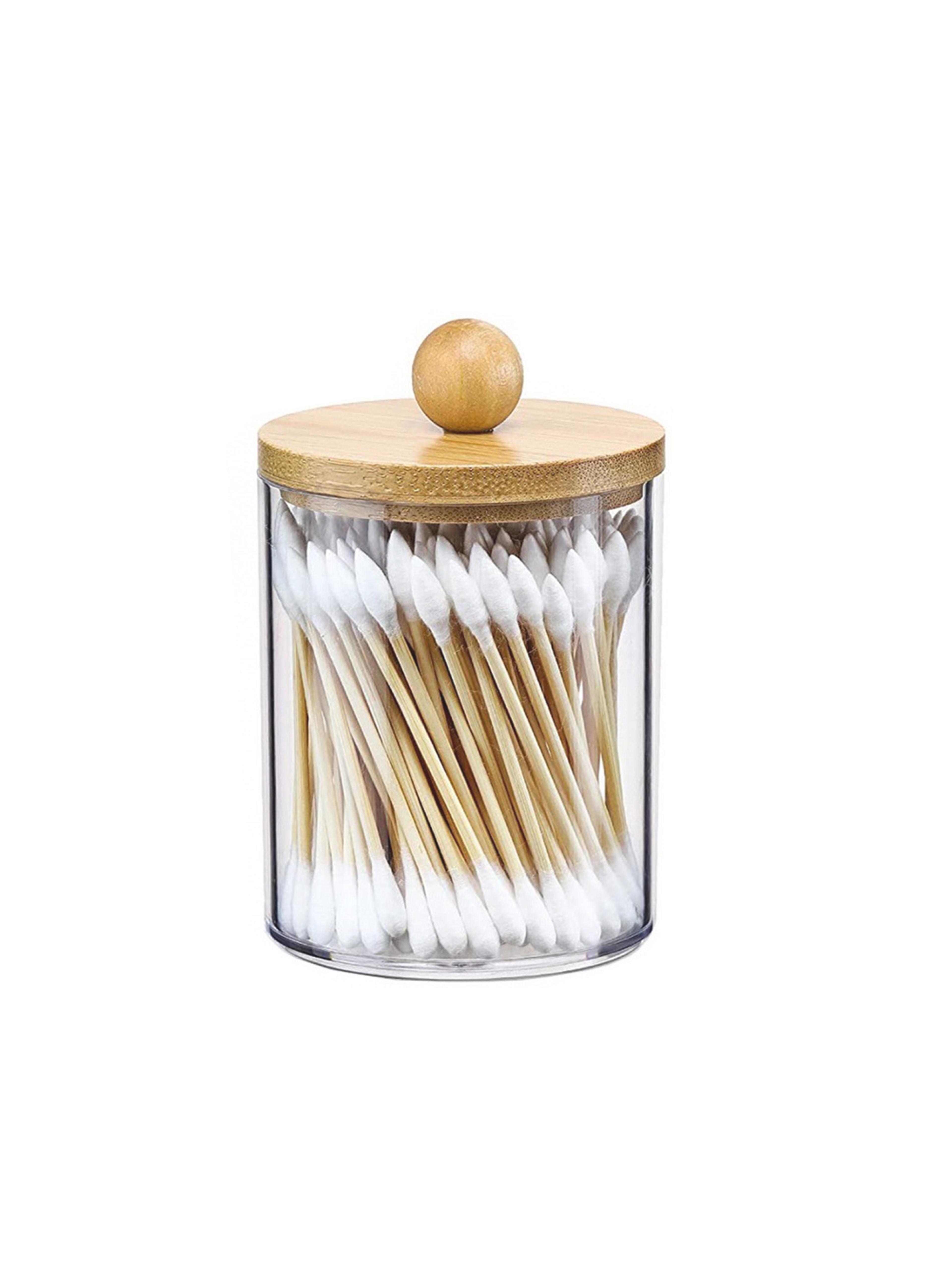 Circular Cotton Swab Storage Box With Transparent Plastic Body And Bamboo Cover 6