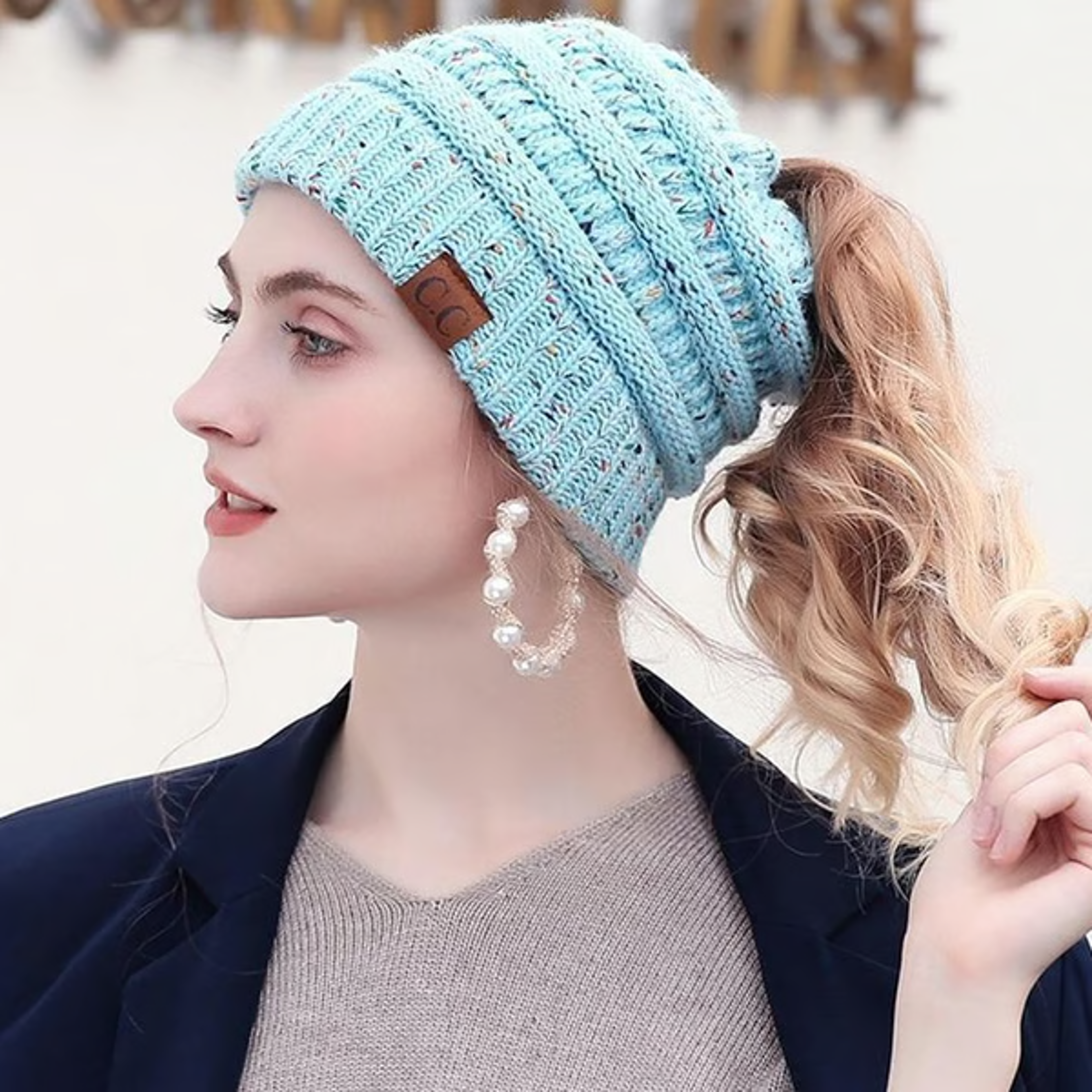 soft knit ponytail confetti beanie