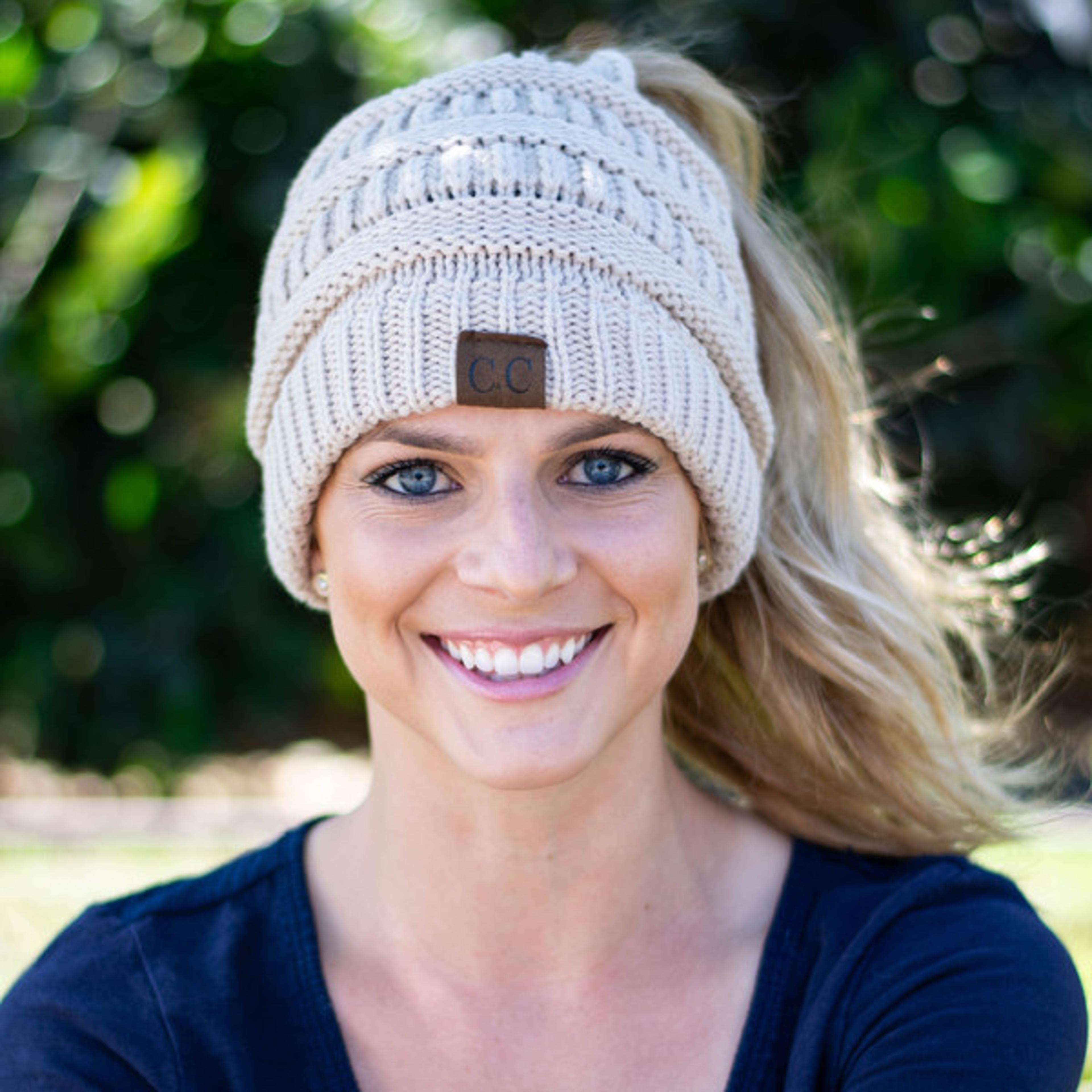 Chic Soft Knit Ponytail Beanie Beige