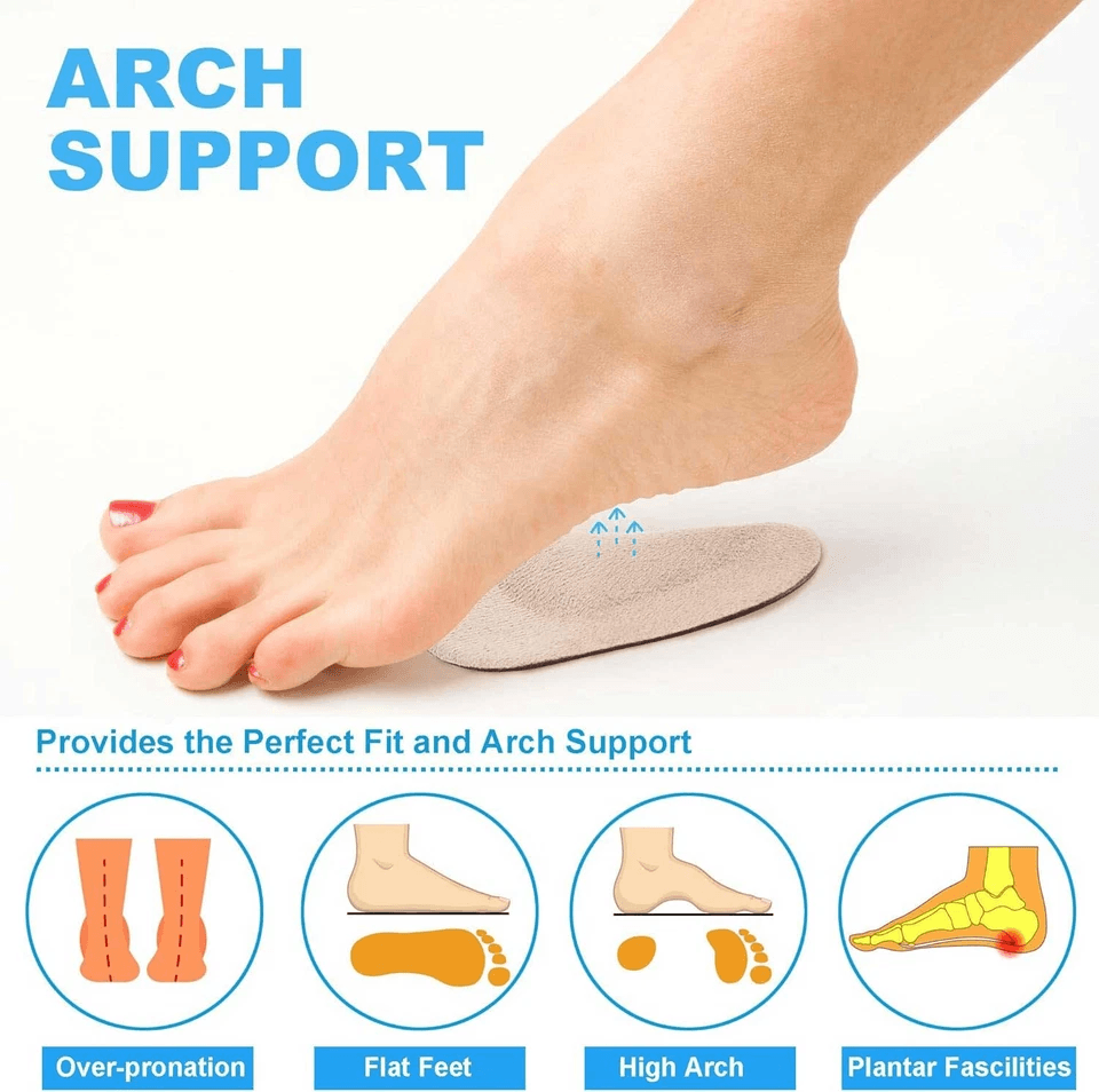 reusable gel arch support, shoe insoles for flat feet & heel pain relief