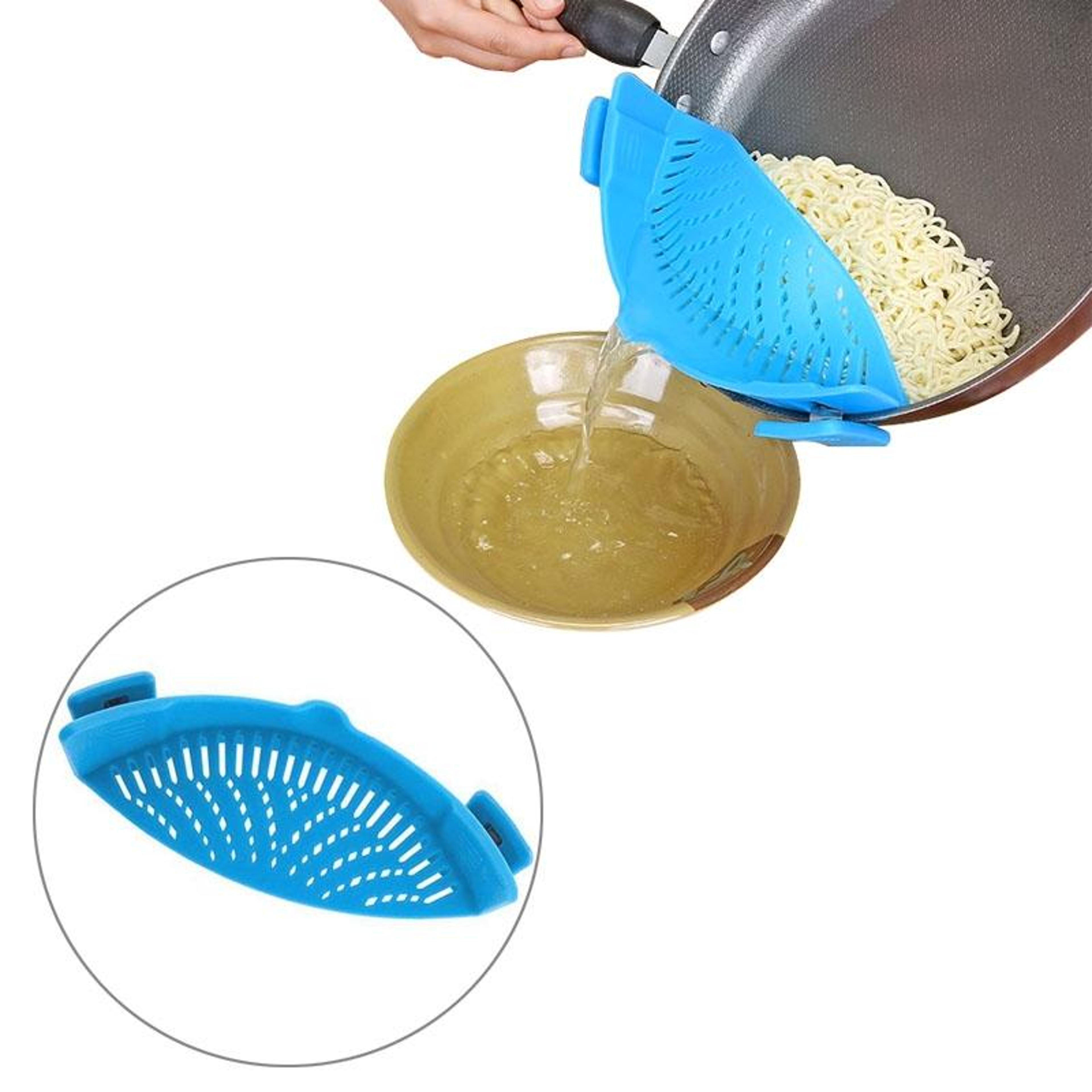 clip on silicone pasta strainer for pots and vegetables