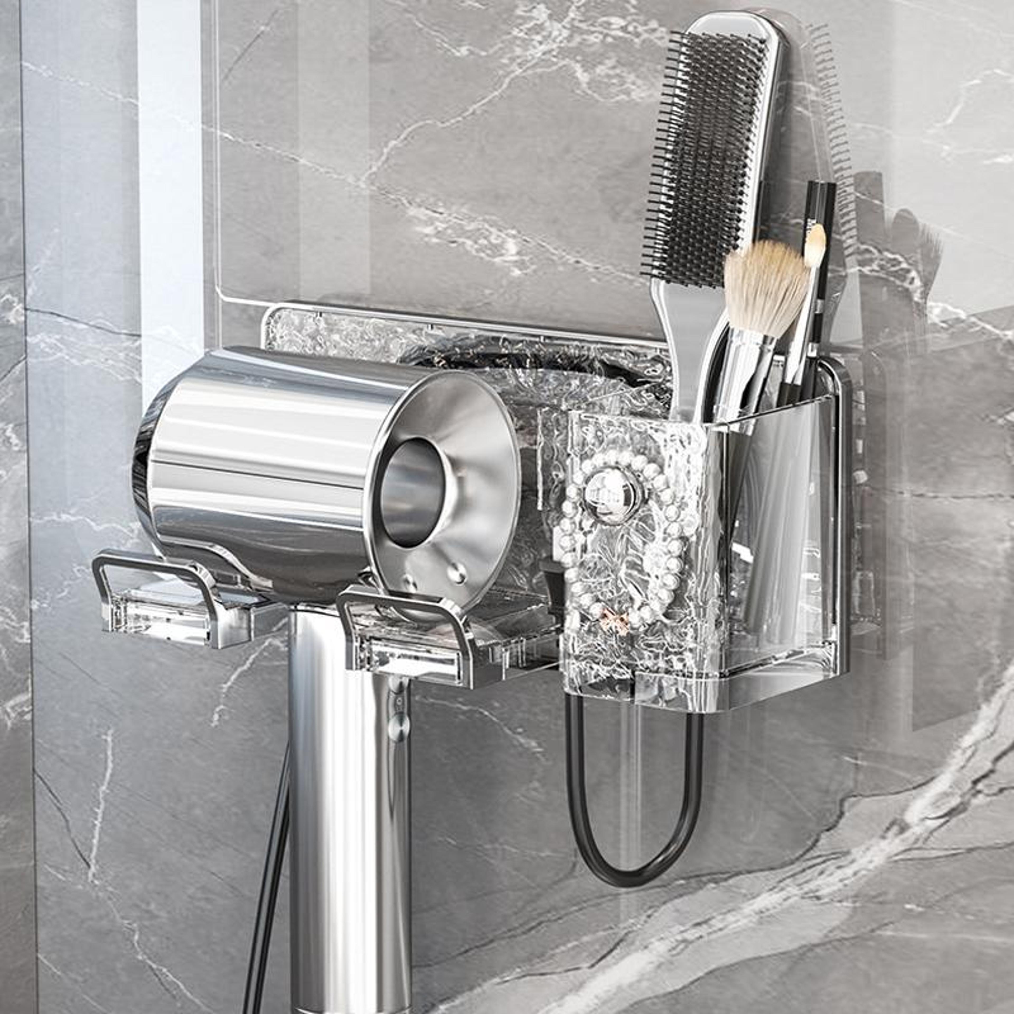 Wall Mounted Hair Dryer Rack With Storage Shelf  No Drill Installation 1
