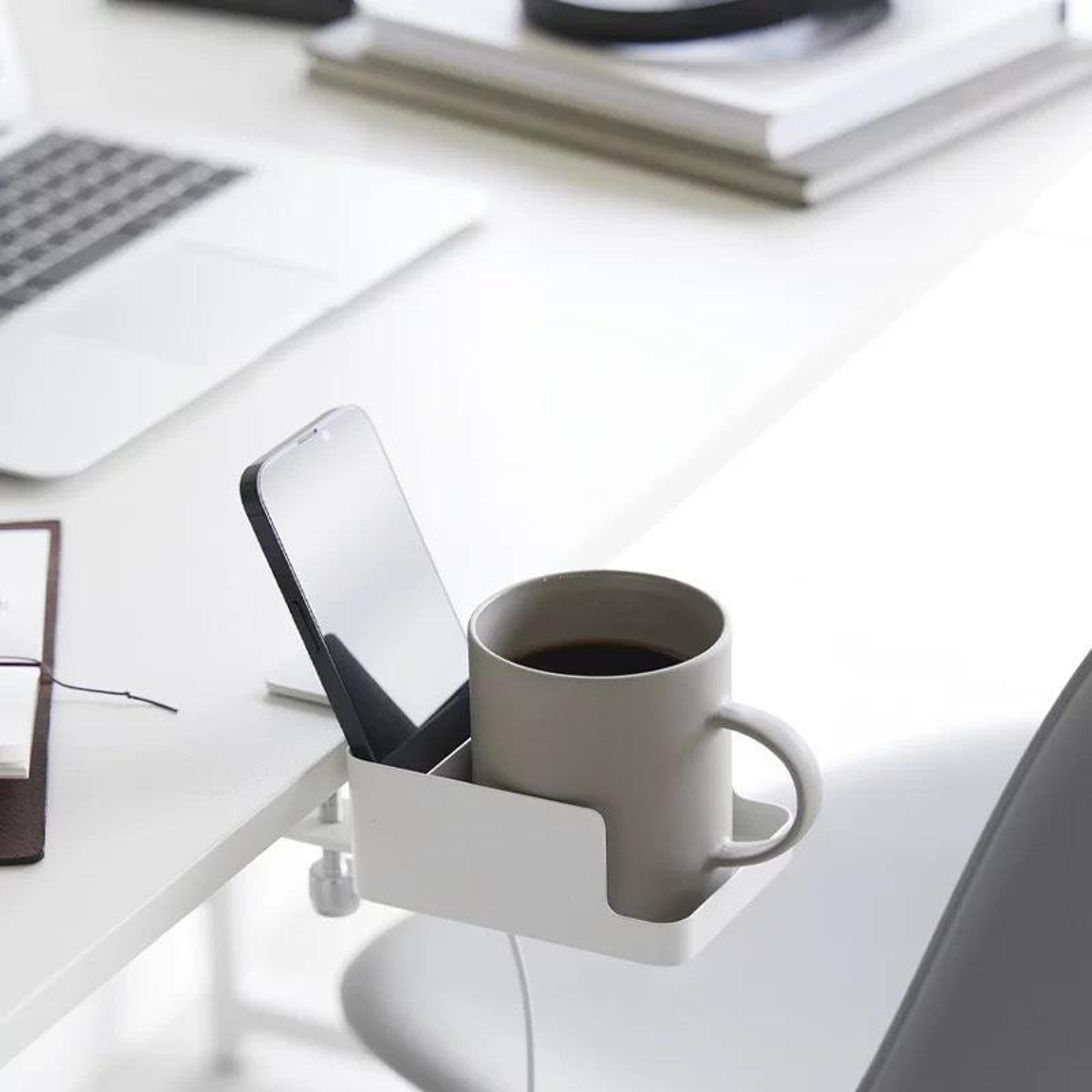 SpaceSaver Clamp On Desk Cup Holder  Organizer For Phones Bottles And Workspace Essentials 1