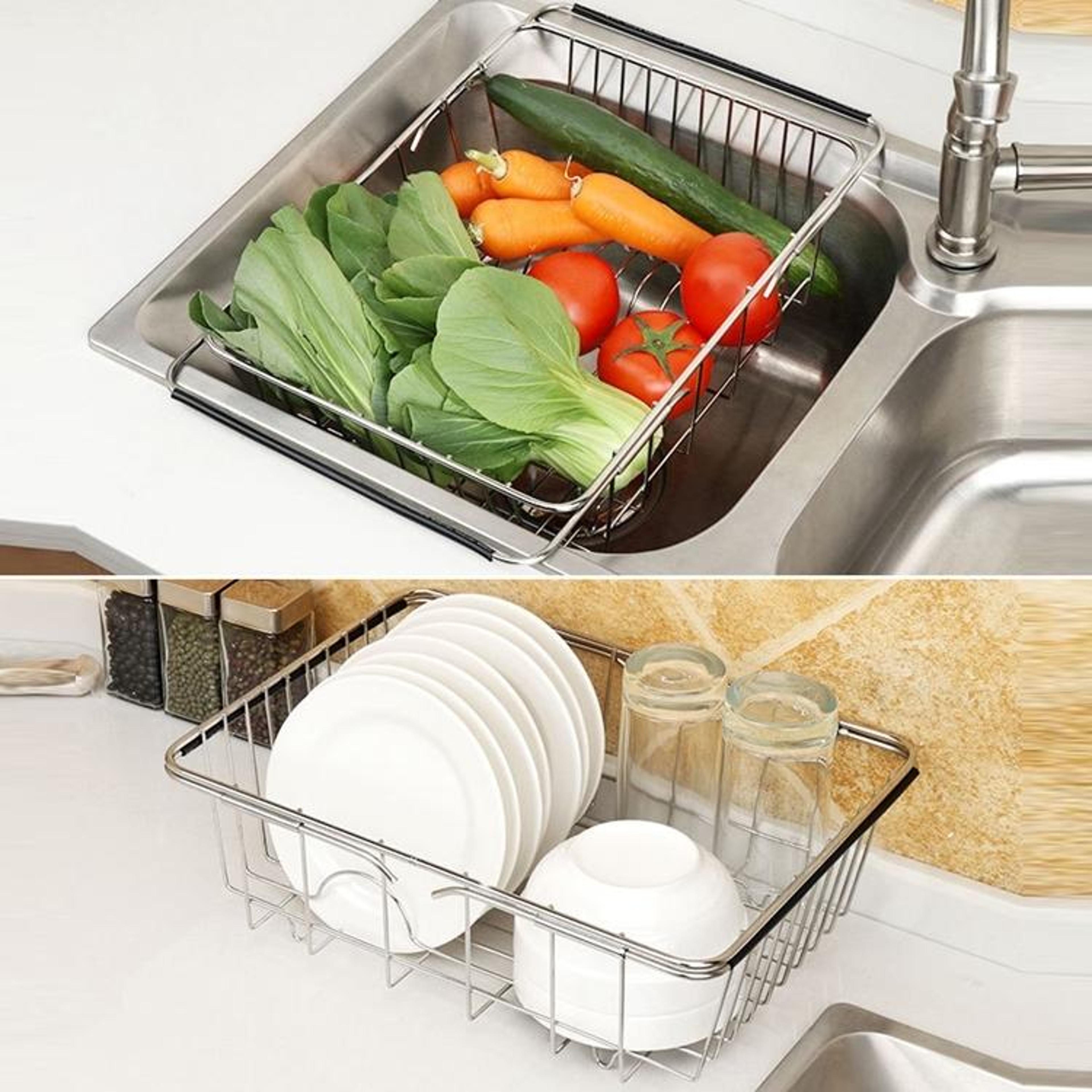 Adjustable Over Sink Dish Drainer Basket Stainless Steel Kitchen Rack 6