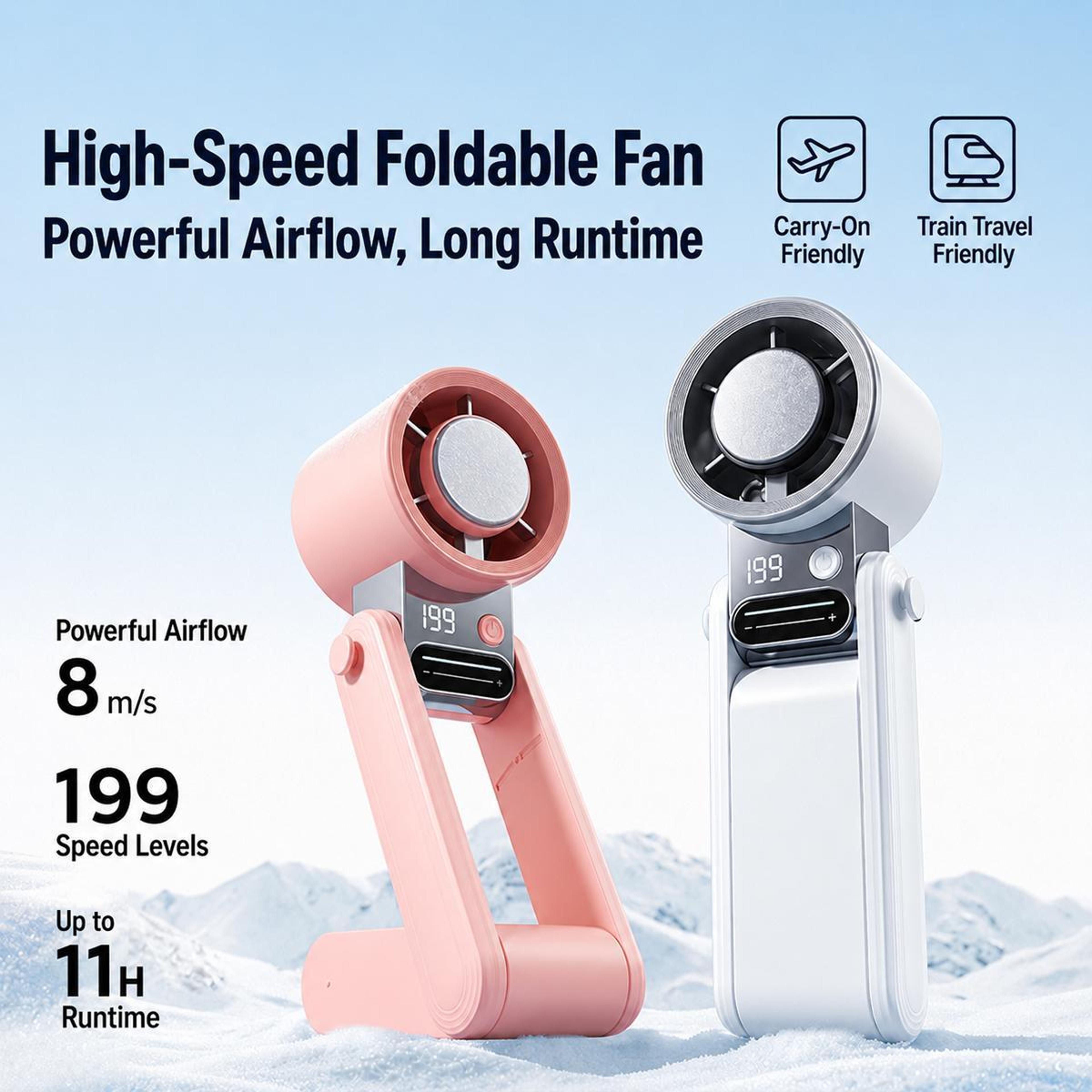 Portable Handheld Fan With Digital Display Tri Fold Neck Fan  Rechargeable Cooling 3