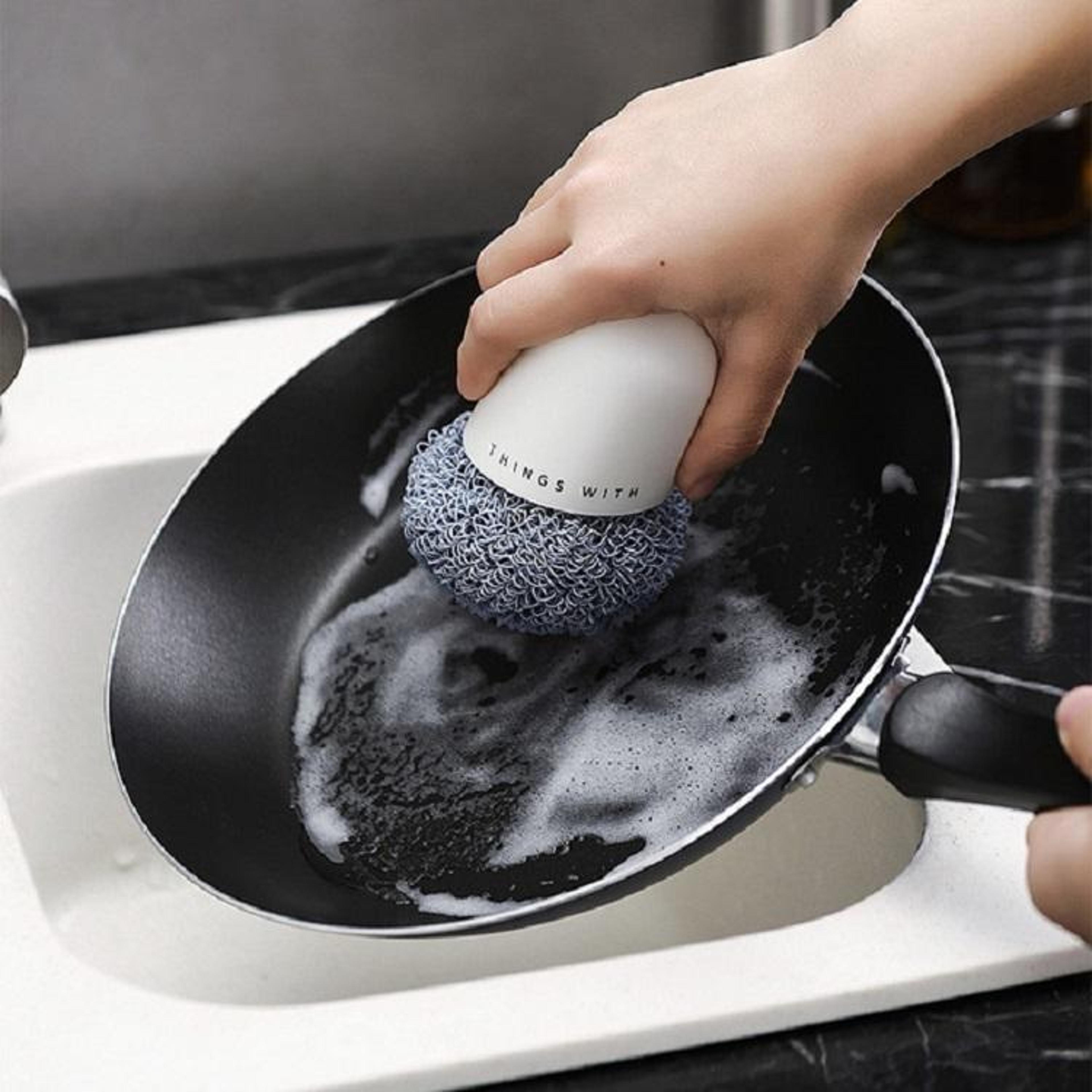 Heavy Duty Dish Cleaning Brush Pot Scrubber With Polyester Scouring Ball For Kitchen Cookware 0