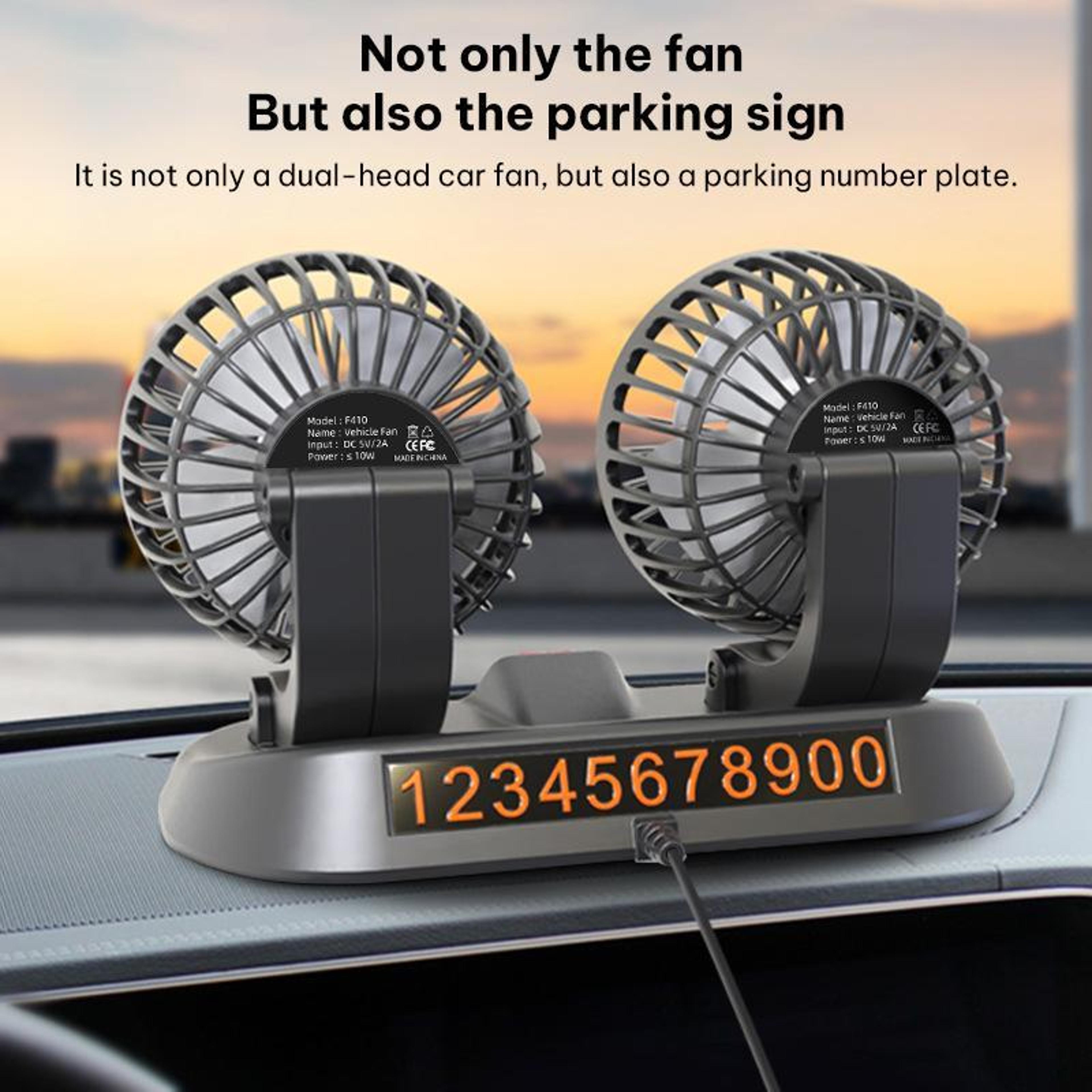 Car Cooling Fan USB Dual Head 360 Adjustable Dashboard Air Circulator With Parking Card 7