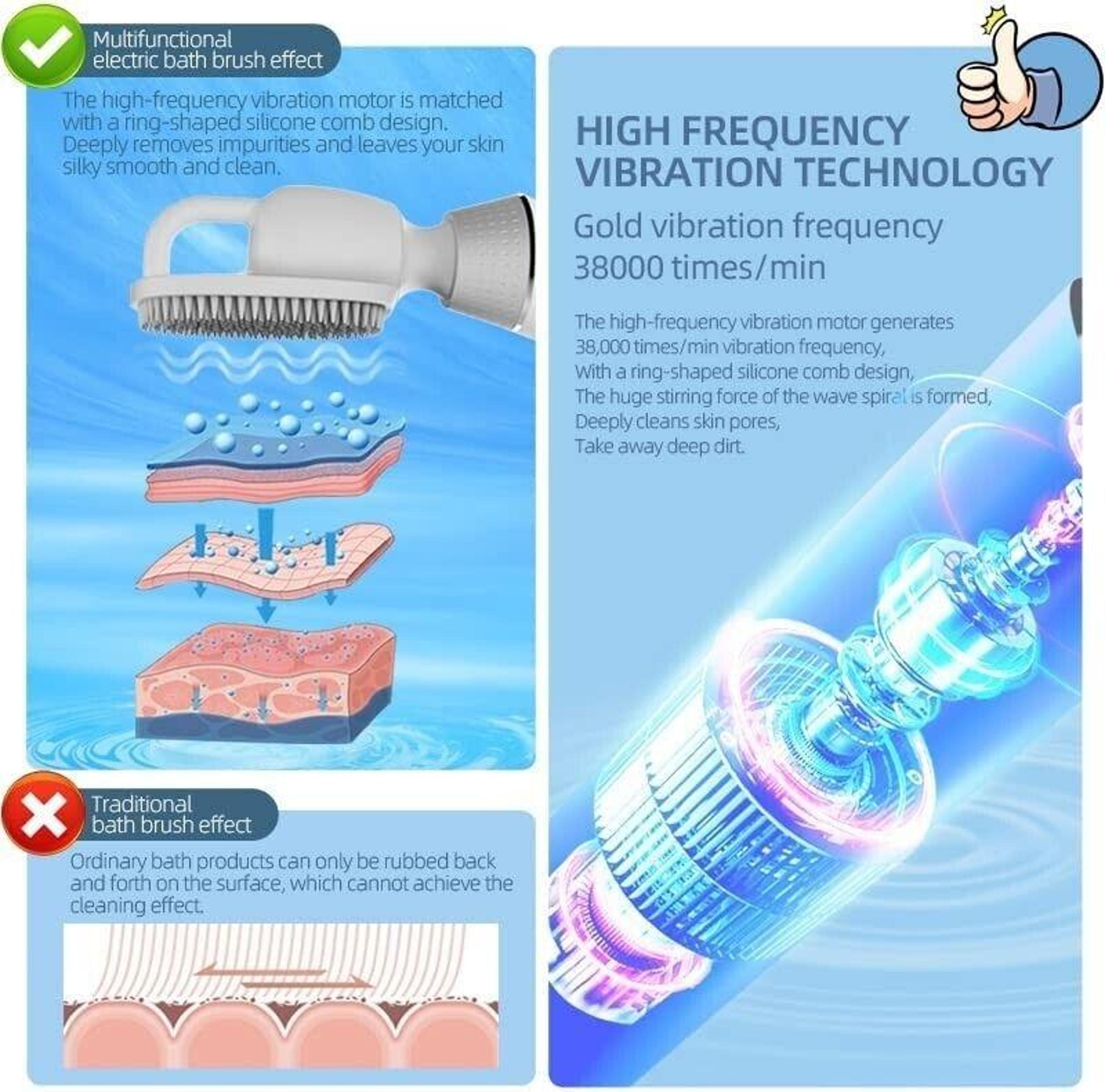 Electric Bath Brush Silicone Body Scrubber Long Handle Vibrating Back Spa Brush 4