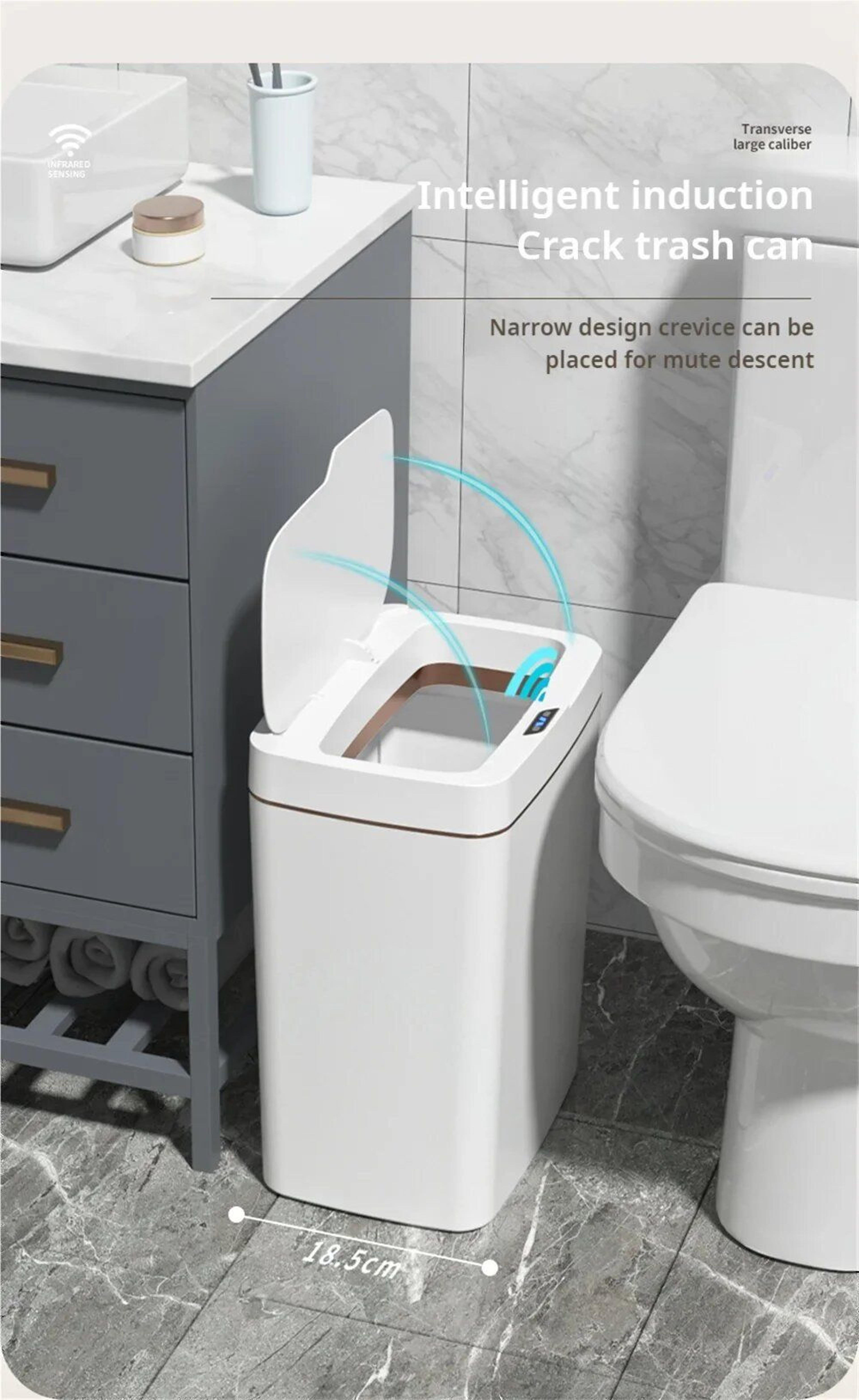 Smart Electronic Trash Can for Bathroom 15L Large Capacity IPX5 Waterproof Intelligent Sensor Lid