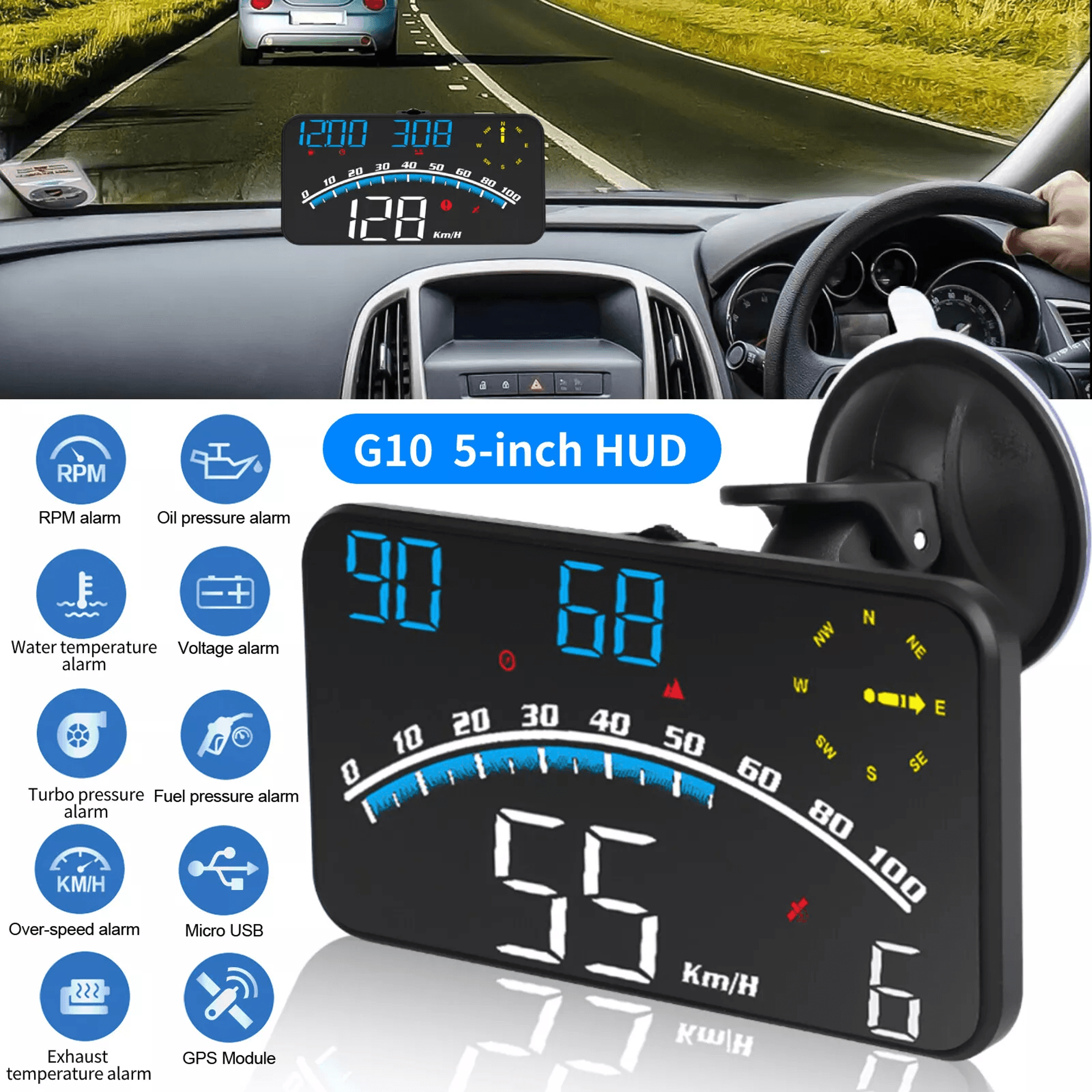 universal digital speedometer gps car hud head up display, screen mph overspeed alarm, plug and play smart speed monitor