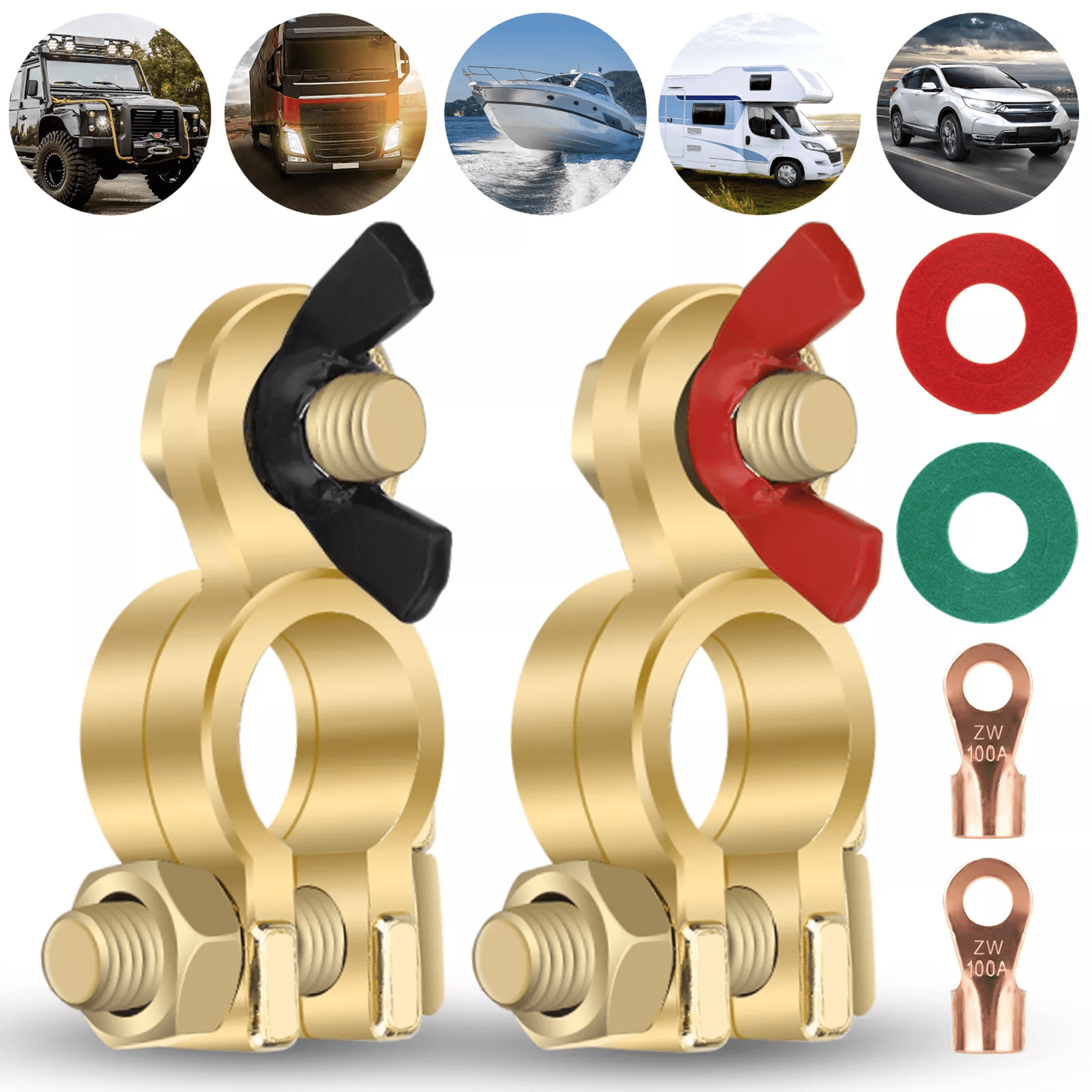 brass battery terminal positive & negative clamps connectors for marine car boat truck van, top post wing nut quick set