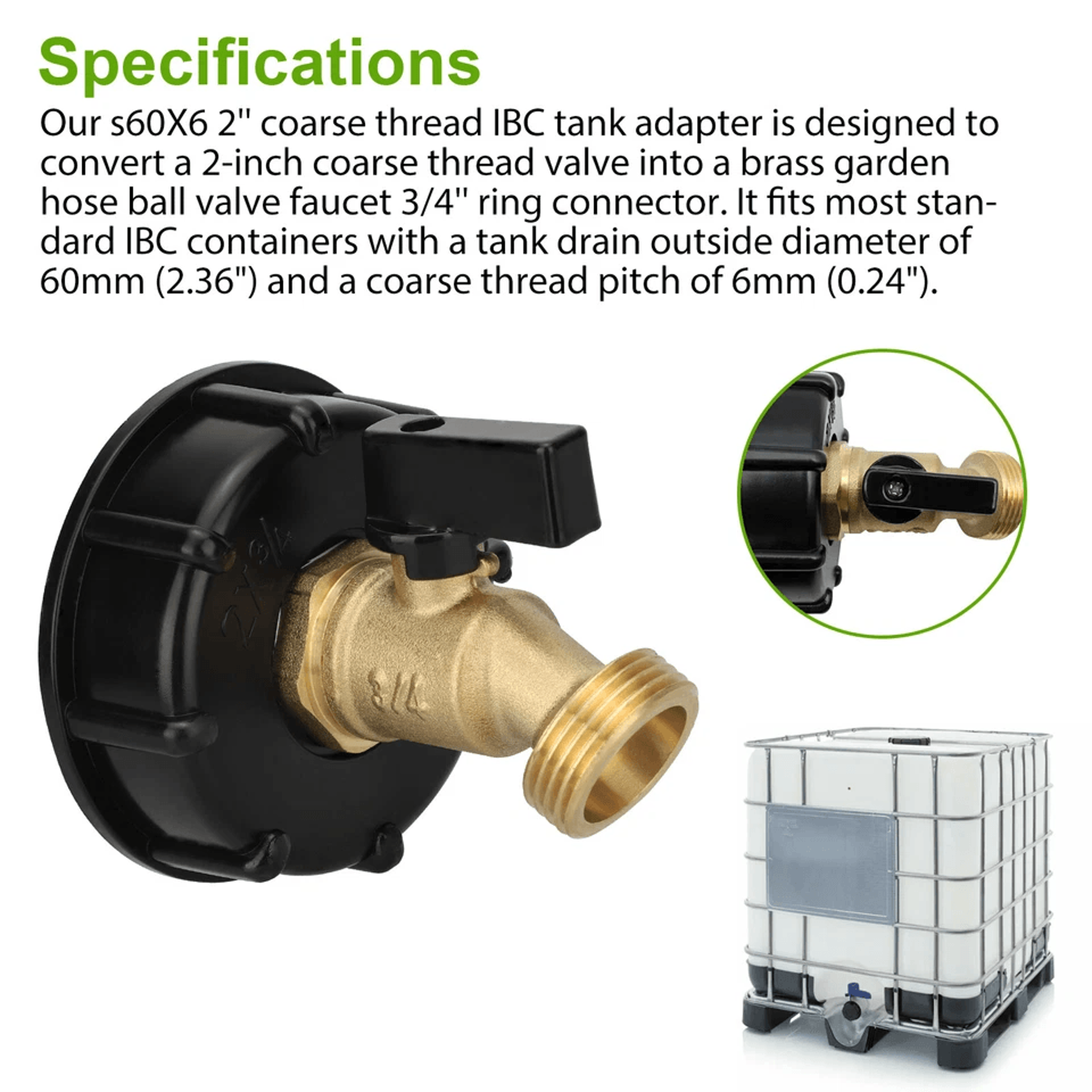 IBC Tote Water Tank Adapter With Brass Hose Faucet Valve Connector Coarse Thread For Garden Hose RV 4