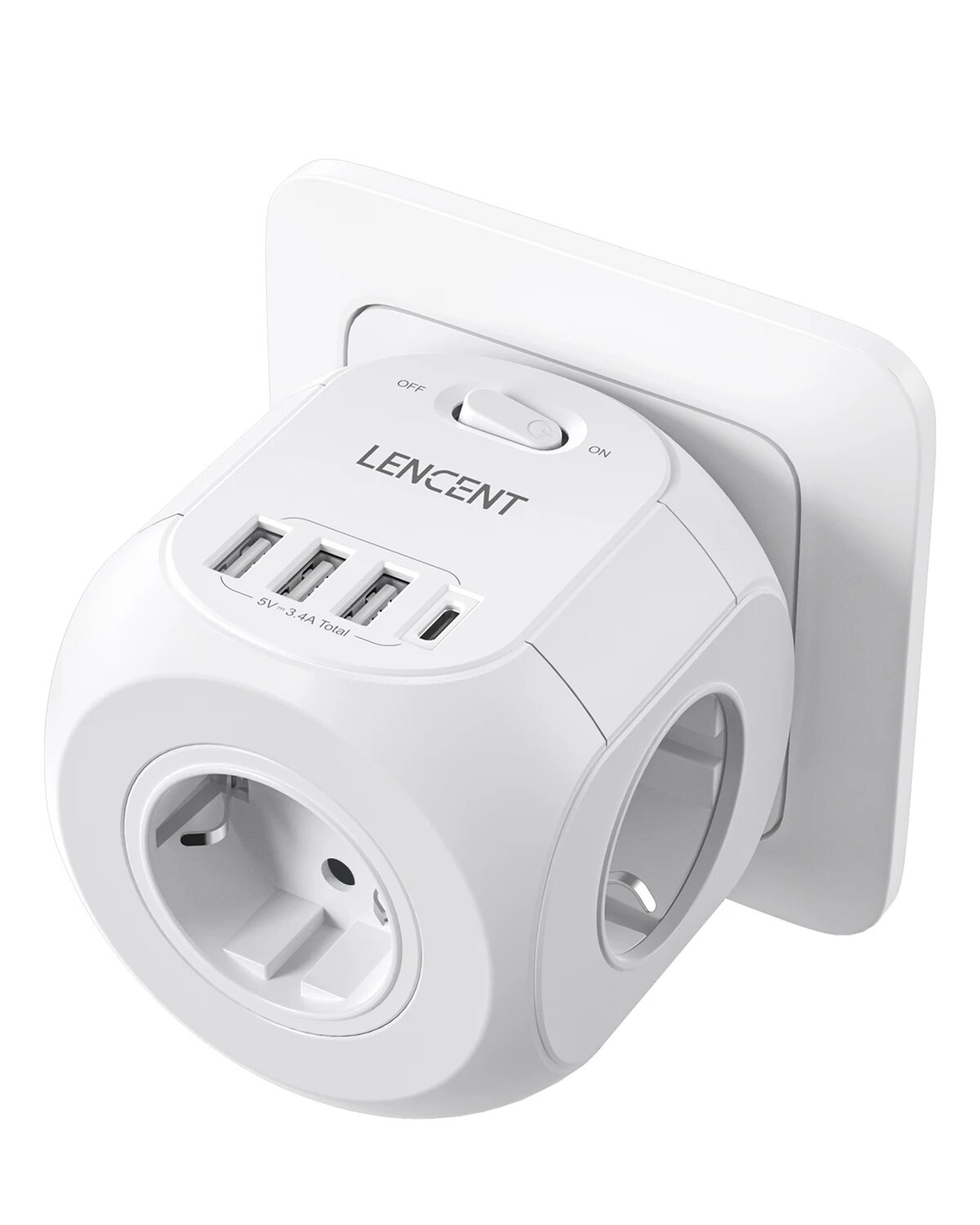 LENCENT Wall Socket Extender With 3 AC Outlets 3 USB Ports And1 Type C 7 In 1 EU Plug Charger OnOff 9