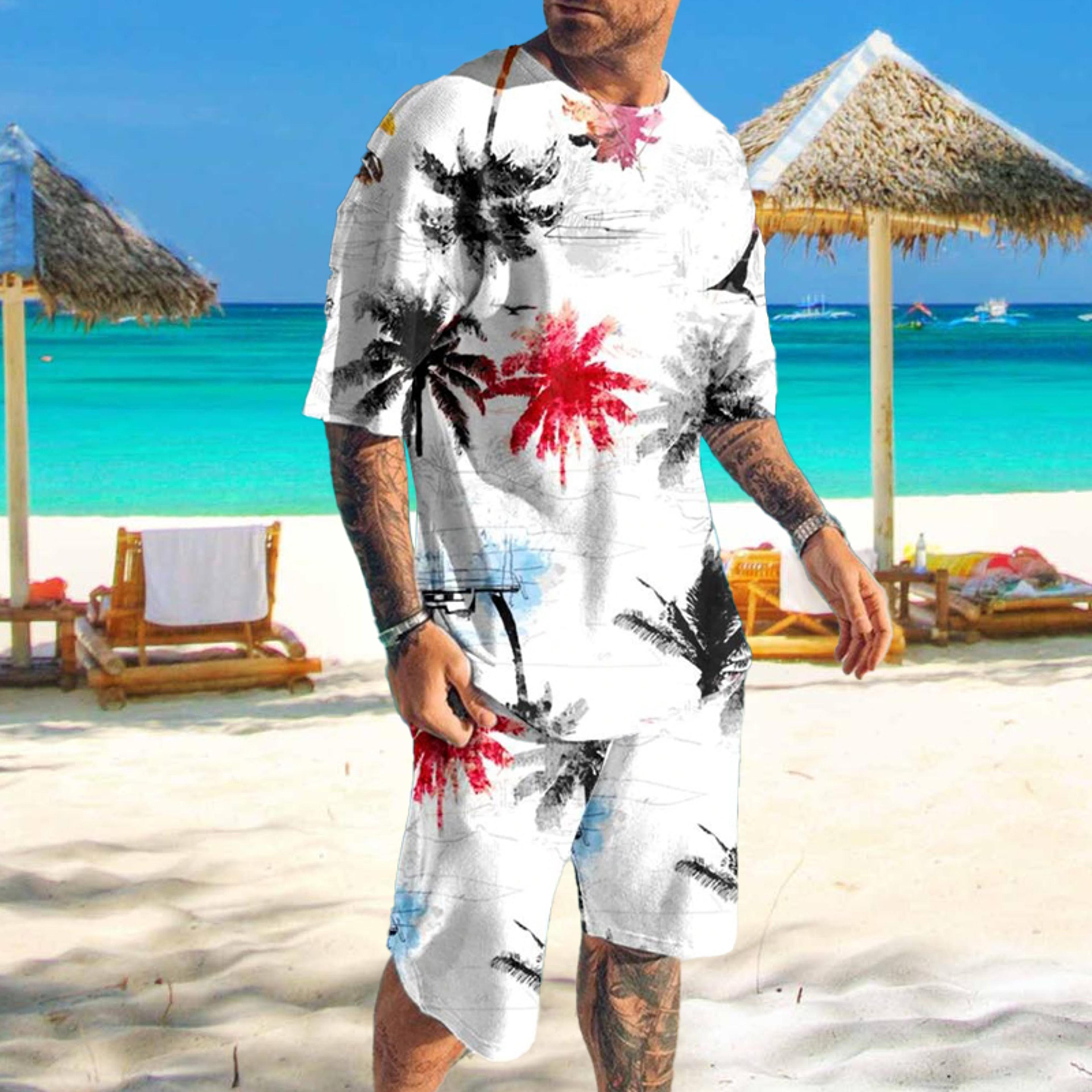 mens tracksuit set, 3d print 2-piece t-shirt & shorts casual sports suit for beach, vacation & summer 2023