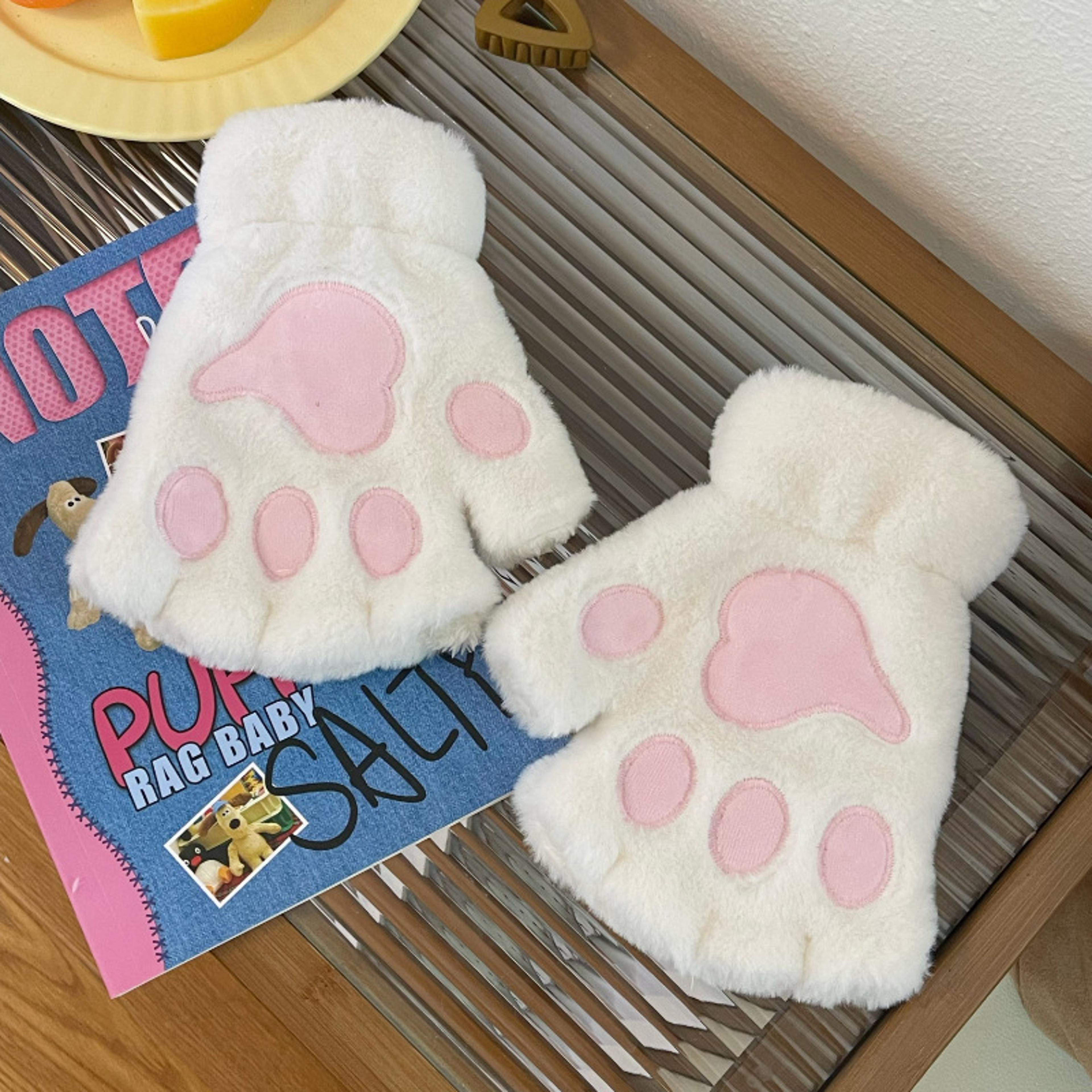 Lovely Plush Cat Paw Gloves Warm Fingerless Mittens Soft Fluffy Bear Claw Costume Short Half Finger 13