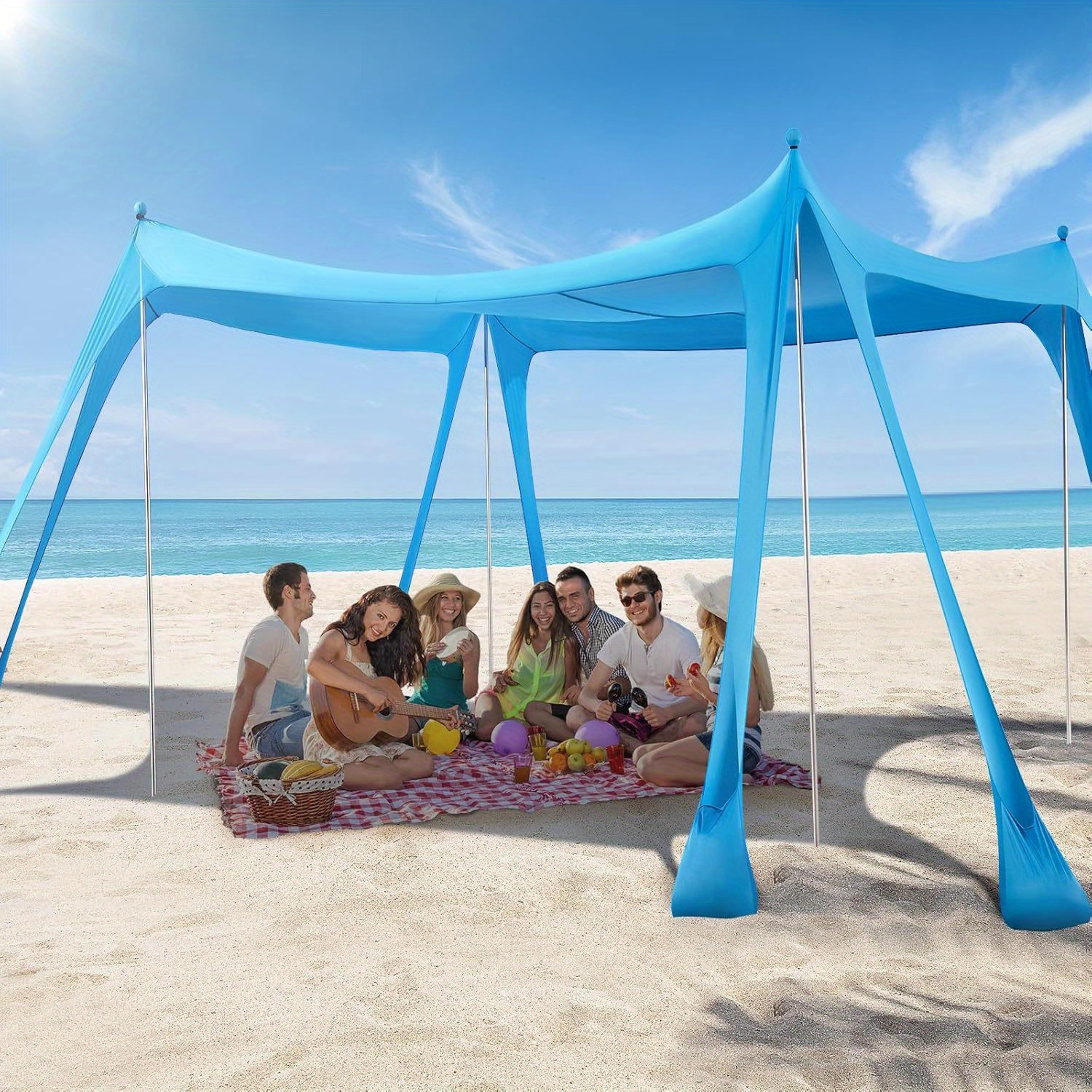 portable beach canopy sun shade with sandbags and poles for family camping