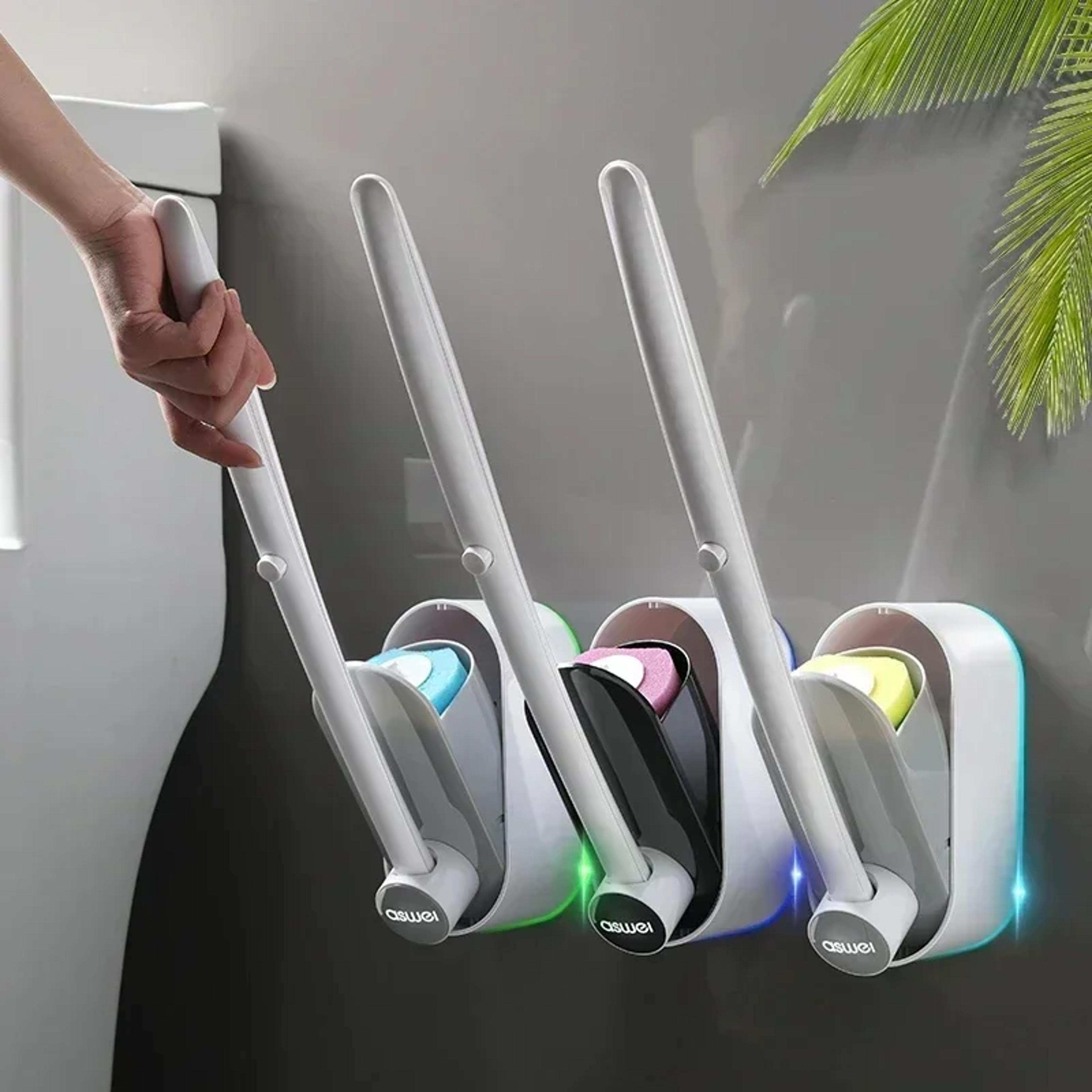 disposable toilet brush kit with wall mount & long handle for deep bathroom cleaning