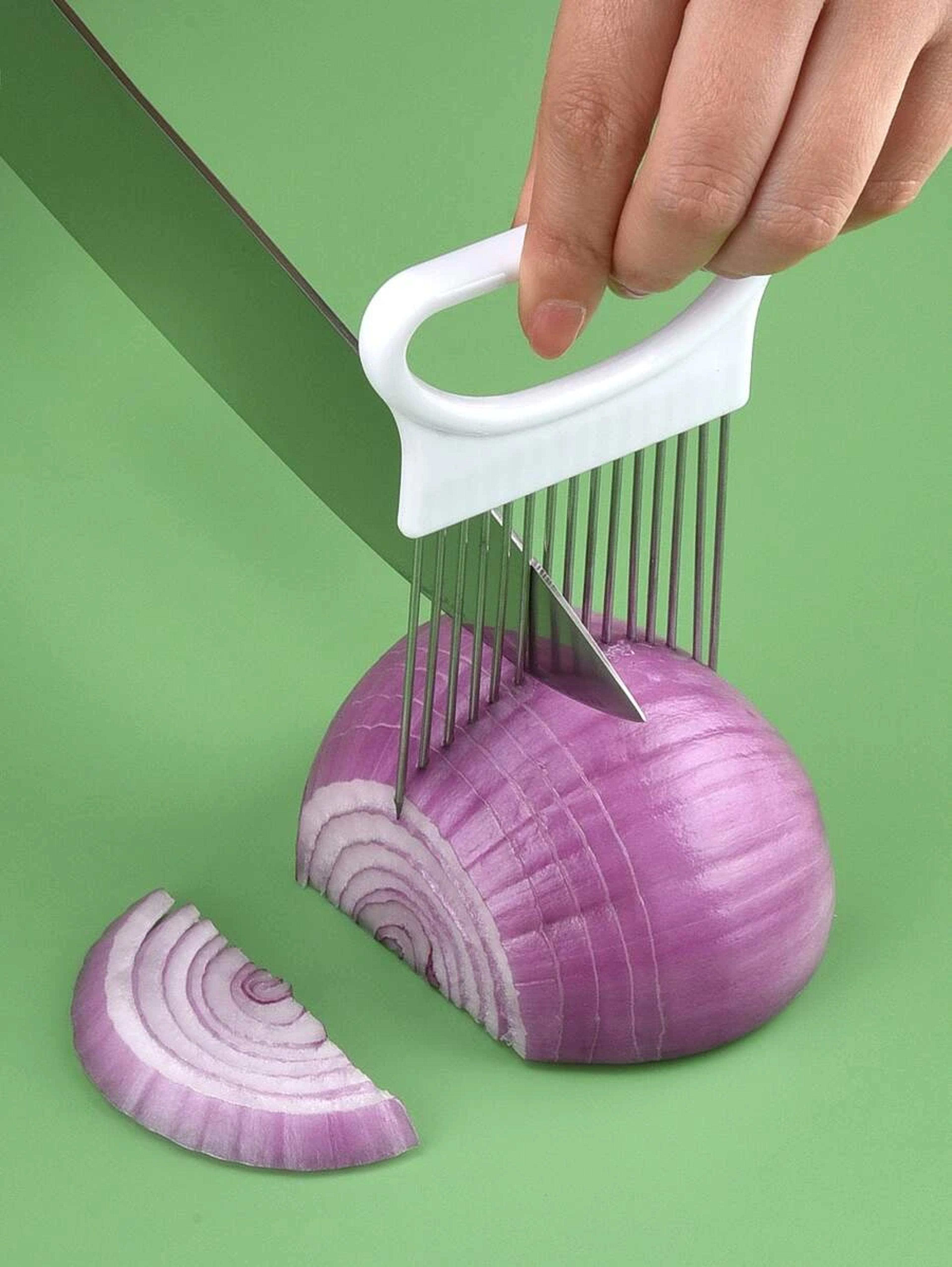 colorgrip onion slicer holder stainless steel vegetable cutting guide