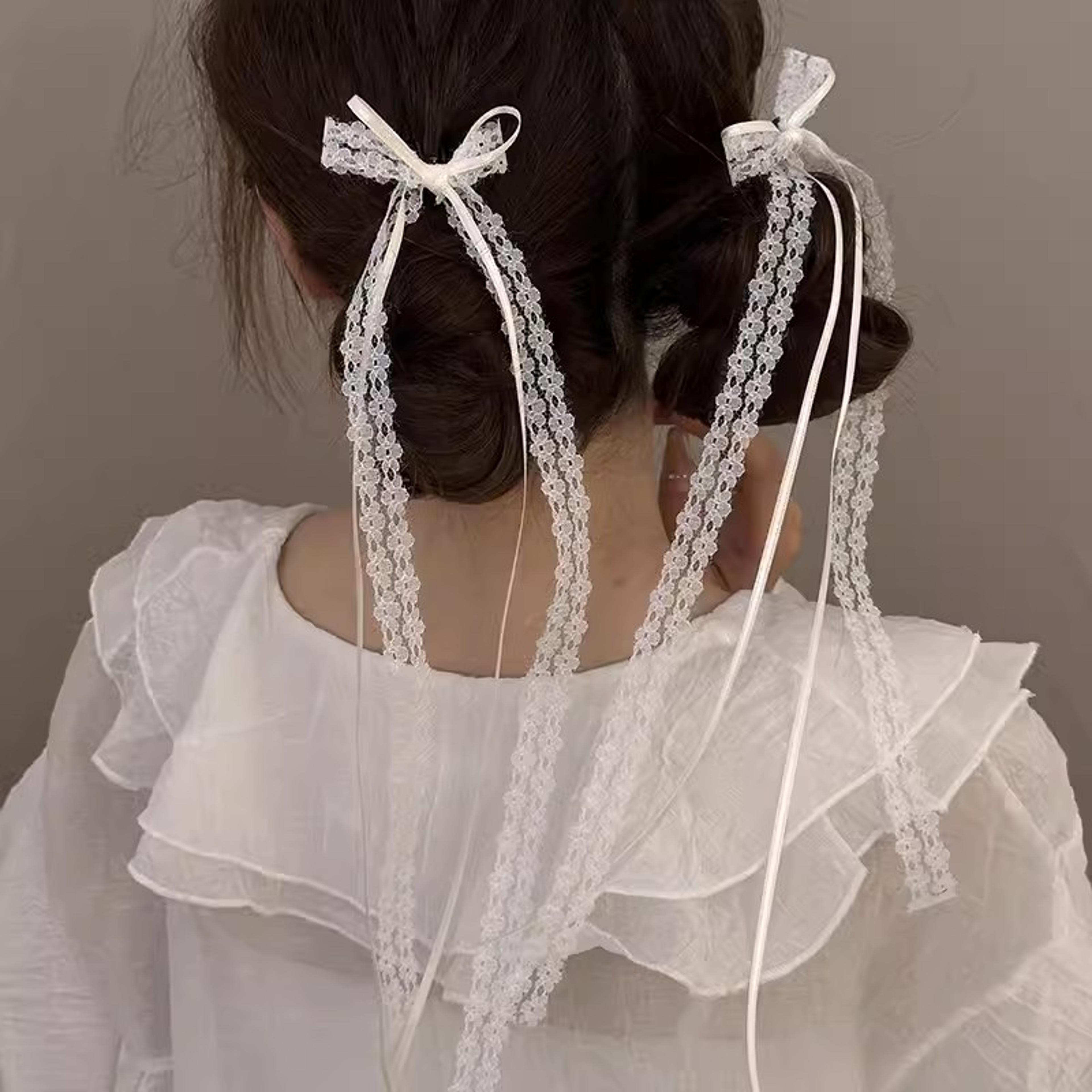 elegant white lace bow hair clips for girls & women ribbon tassel bow barrettes set