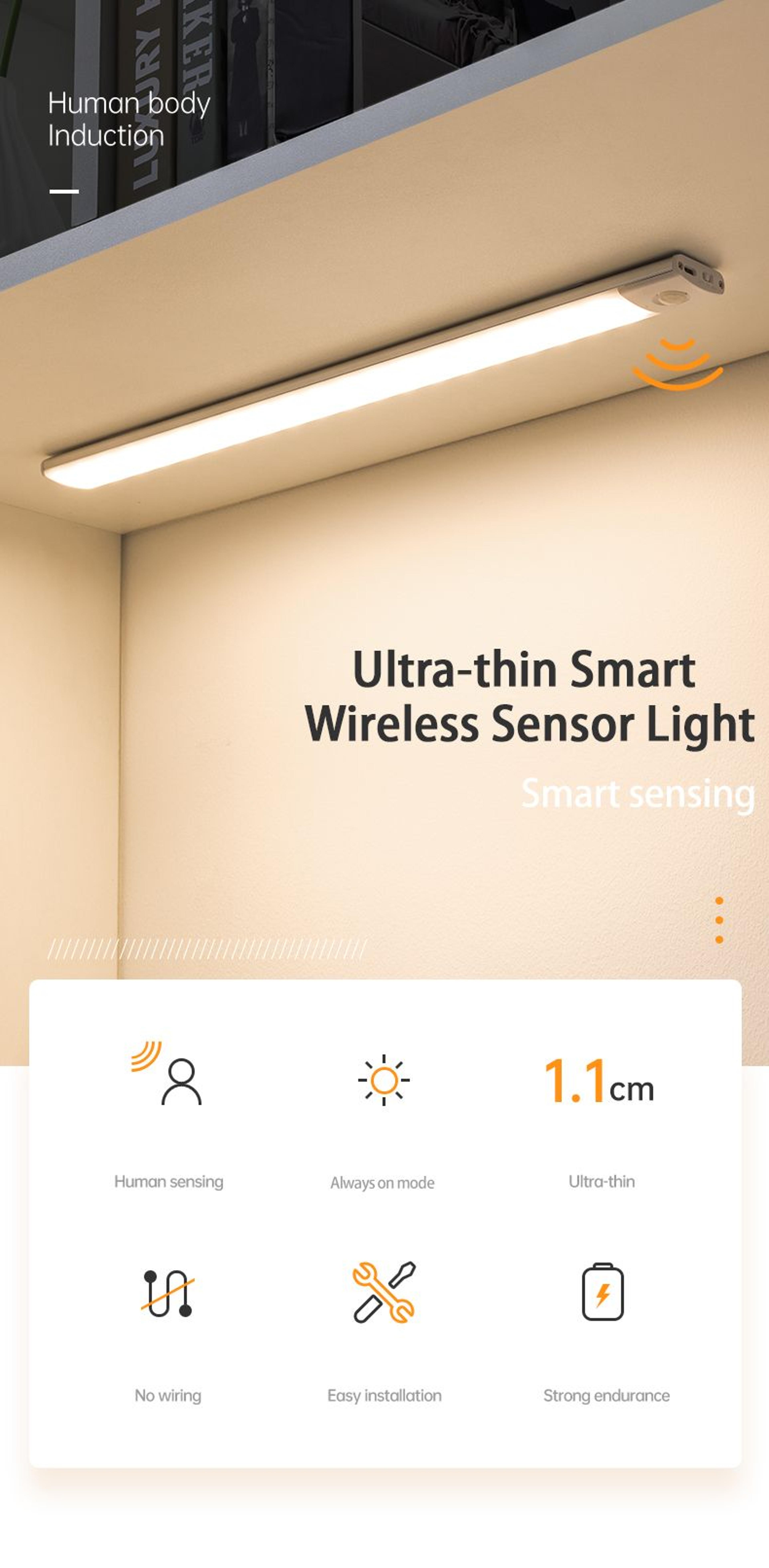 Motion Sensor LED Lamp USBC Rechargeable Durable Aluminum Light for Cabinets Kitchen  Wardrobe