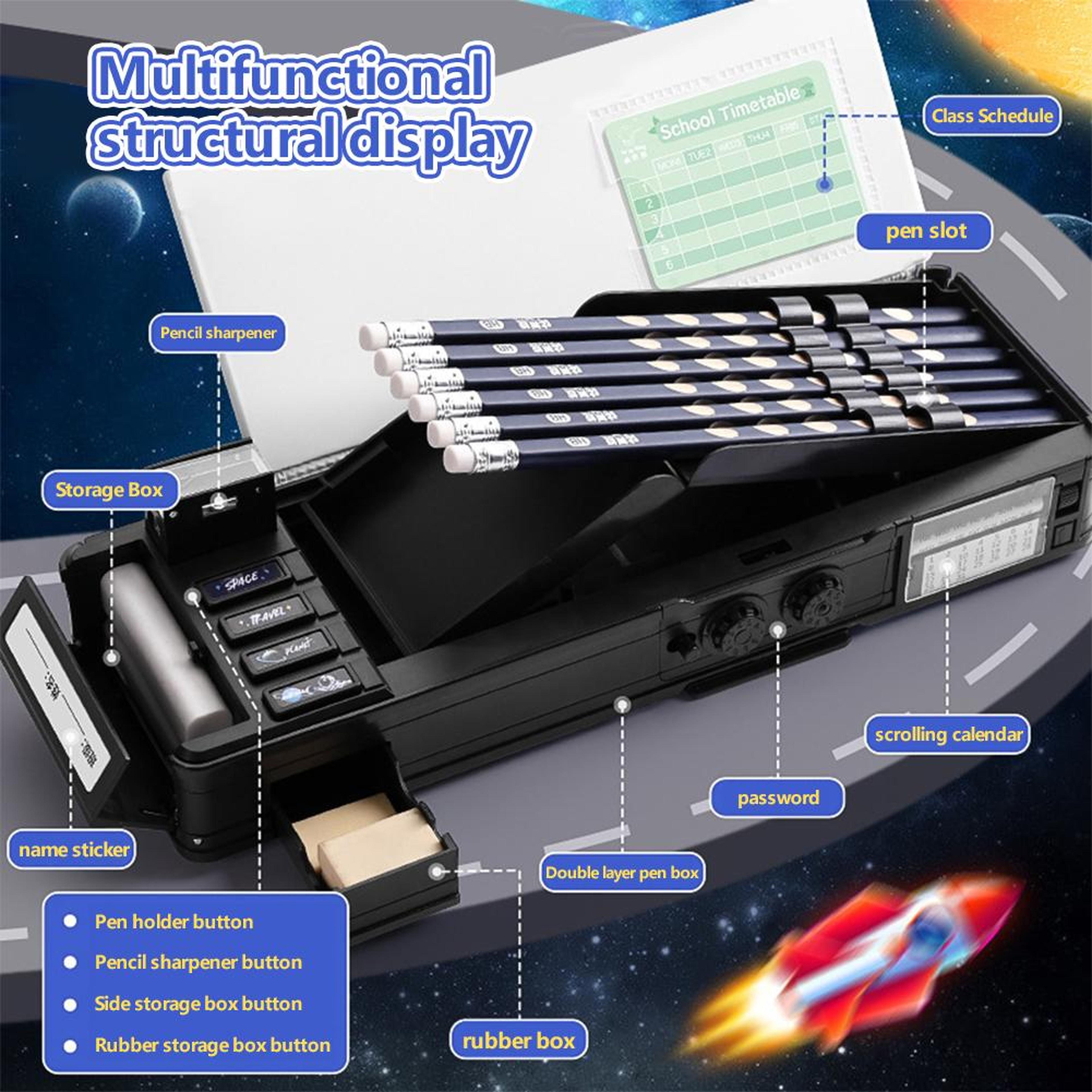 Student Stationery Box DoubleLayer Pencil Case With Password Lock Multifunctional HighTech Pen Box  4