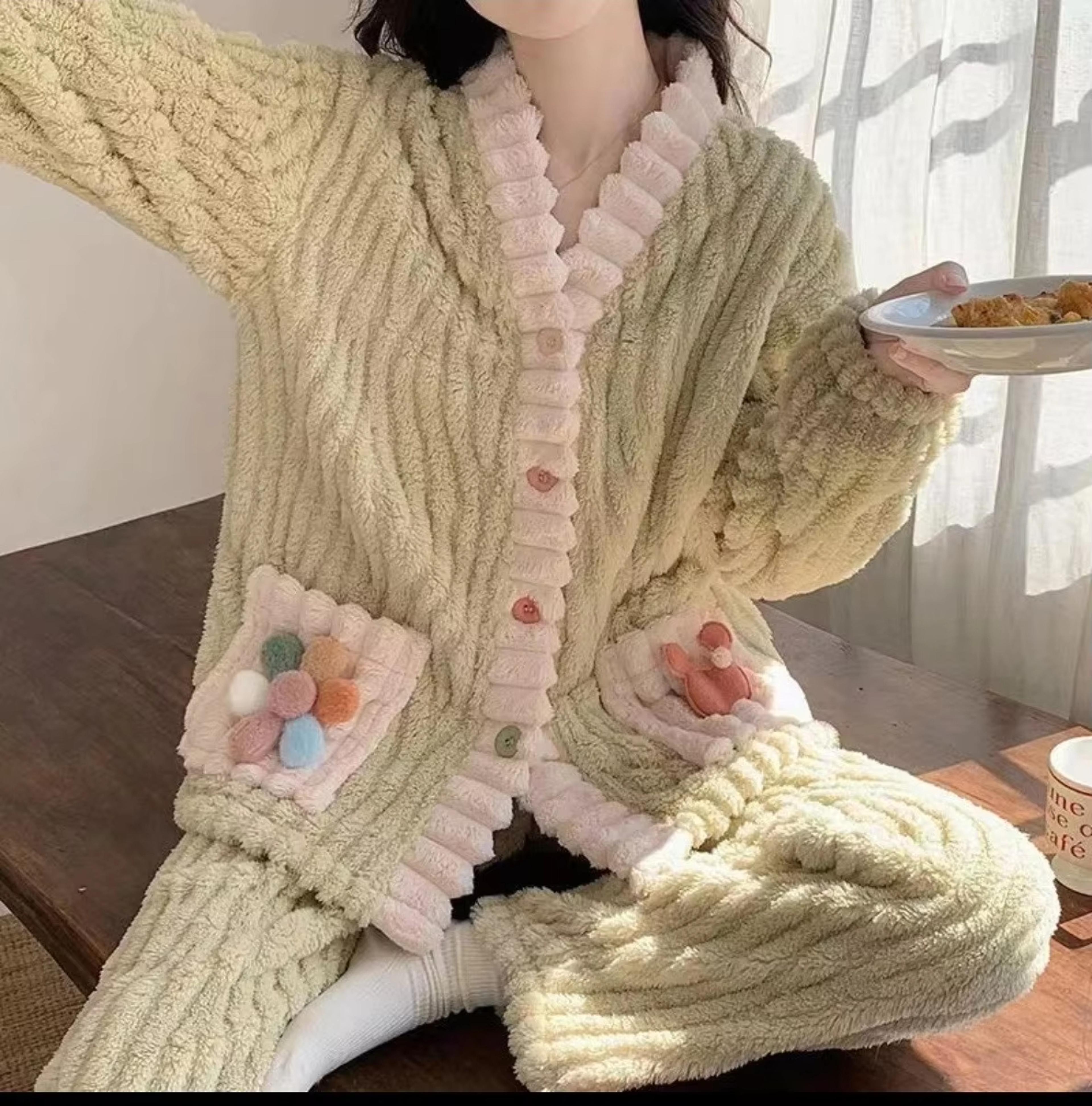 Soft Fairy Wind Ladies Pajamas Thickened Warm Flannel Women Sleepwear Loungewear Cardigan Suit 4