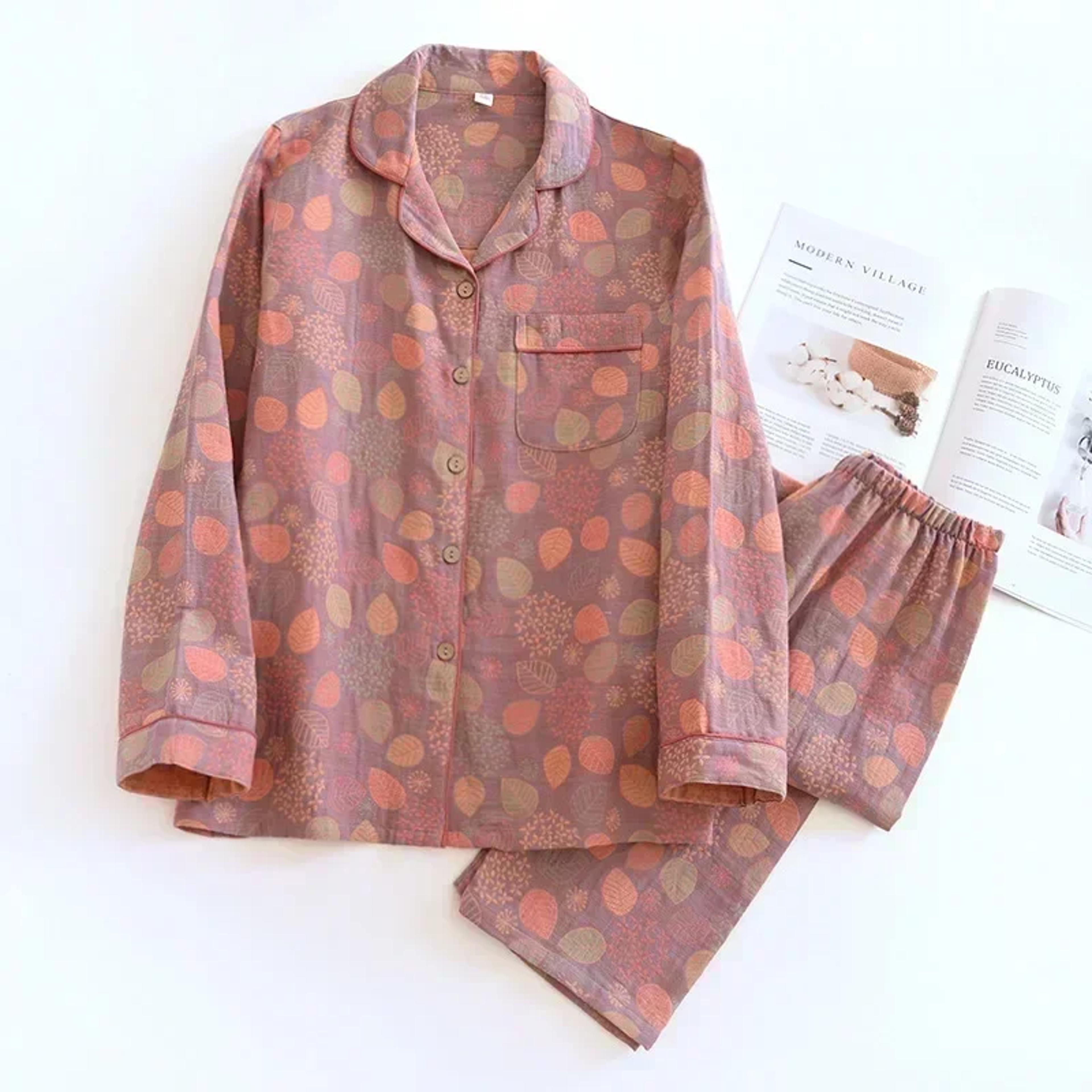 Cotton Crepe Flower Leaves Pajamas Suit For Women LongSleeved Trousers TwoPiece Perfect For Spring  1