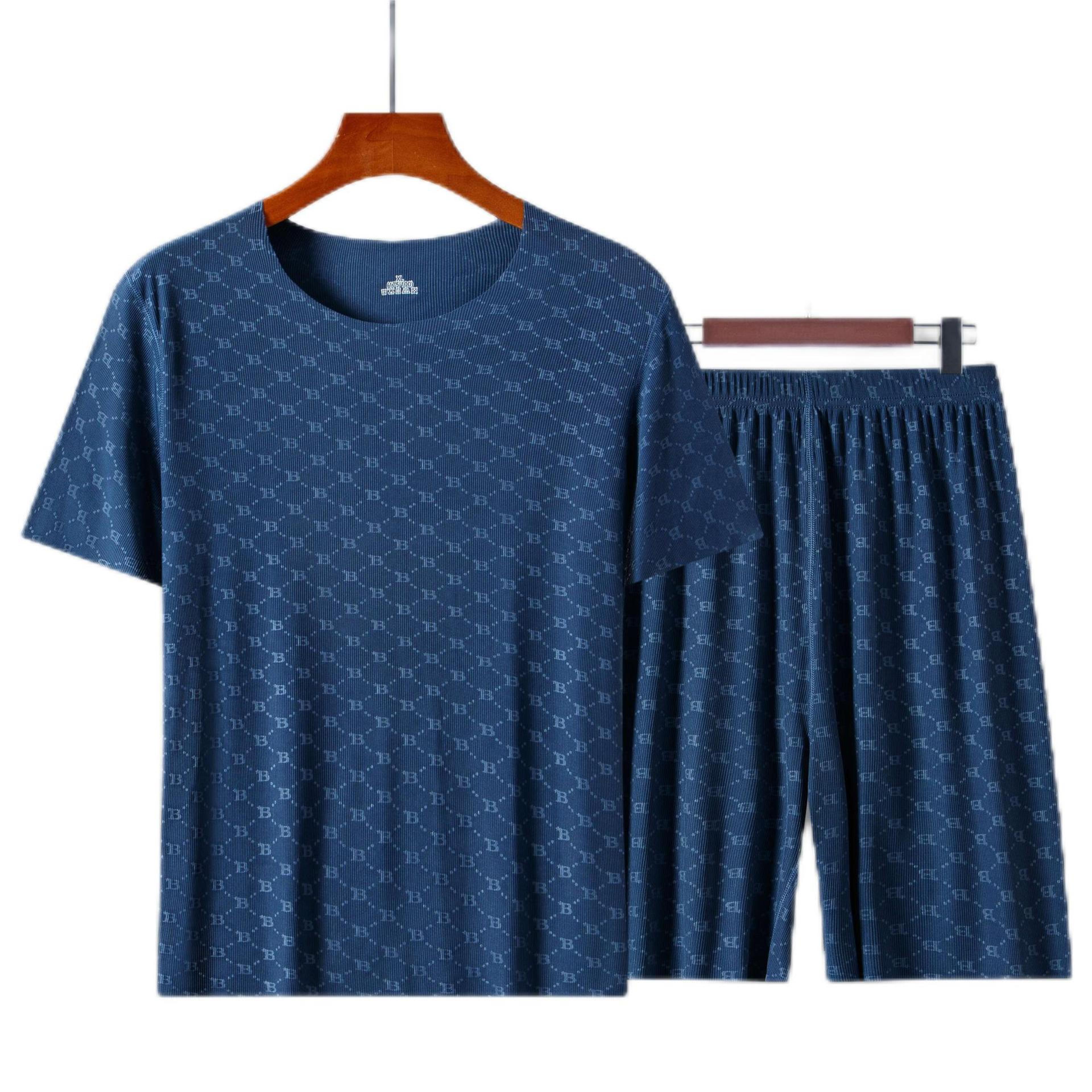 Mens Pajamas Homewear Set Summer Printed Ice Silk TShirt Casual Modal Pajamas Thin Mens Pajama Trou 3