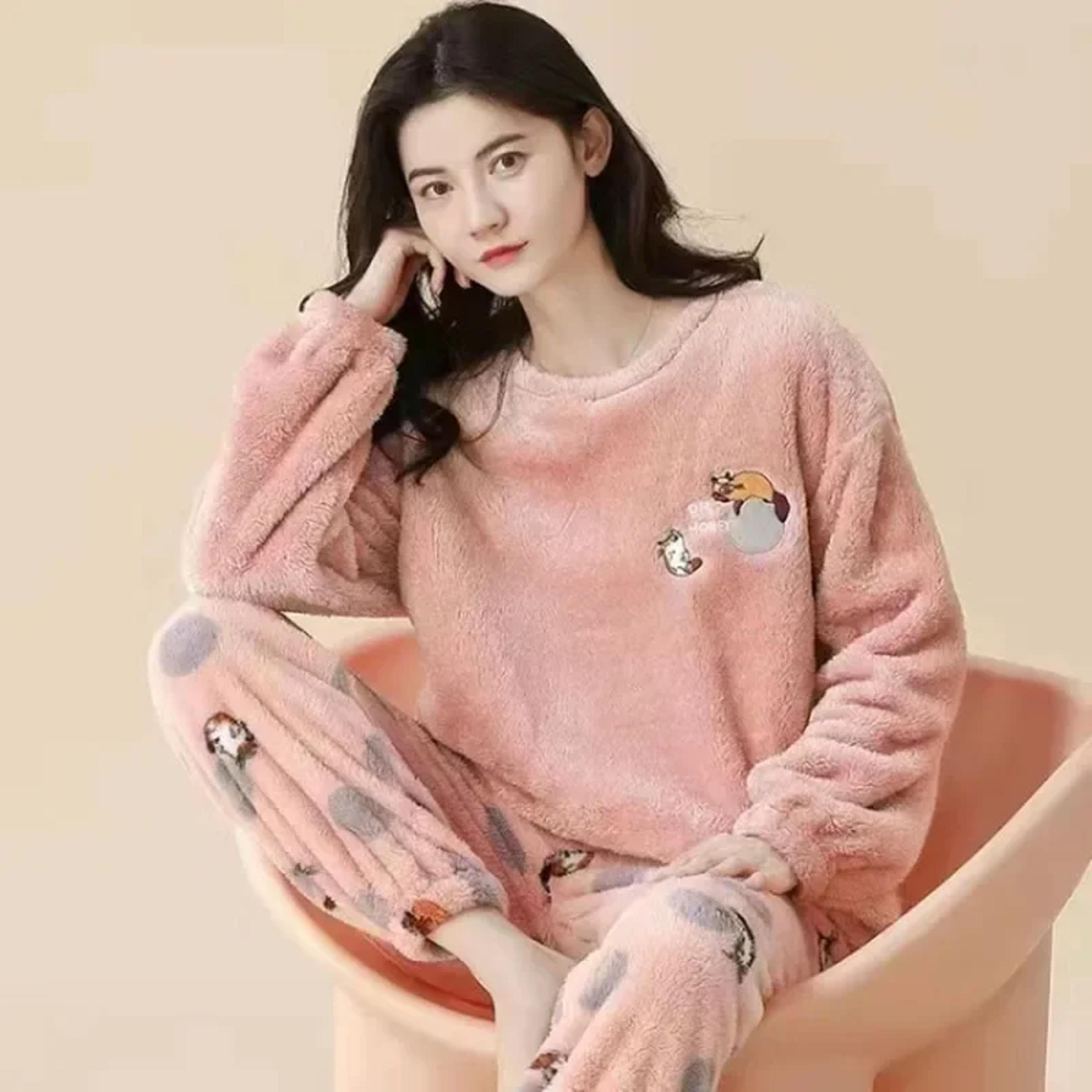 Autumn Winter Cute Cartoon Bear Padded Two Sets Thickened Warm Flannel Women Sleepwear Coral Velvet 5