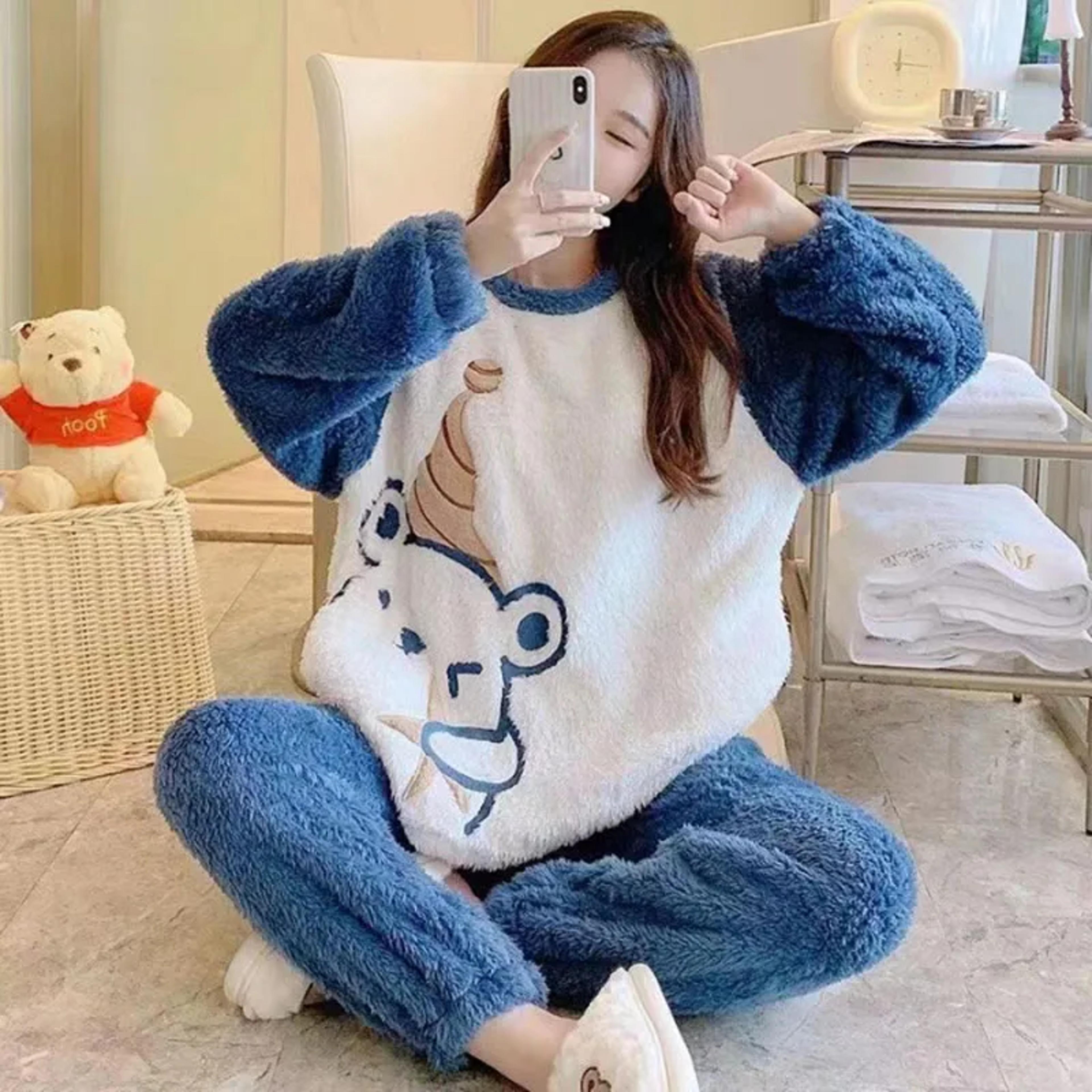 Autumn Winter Cute Cartoon Bear Padded Two Sets Thickened Warm Flannel Women Sleepwear Coral Velvet 10