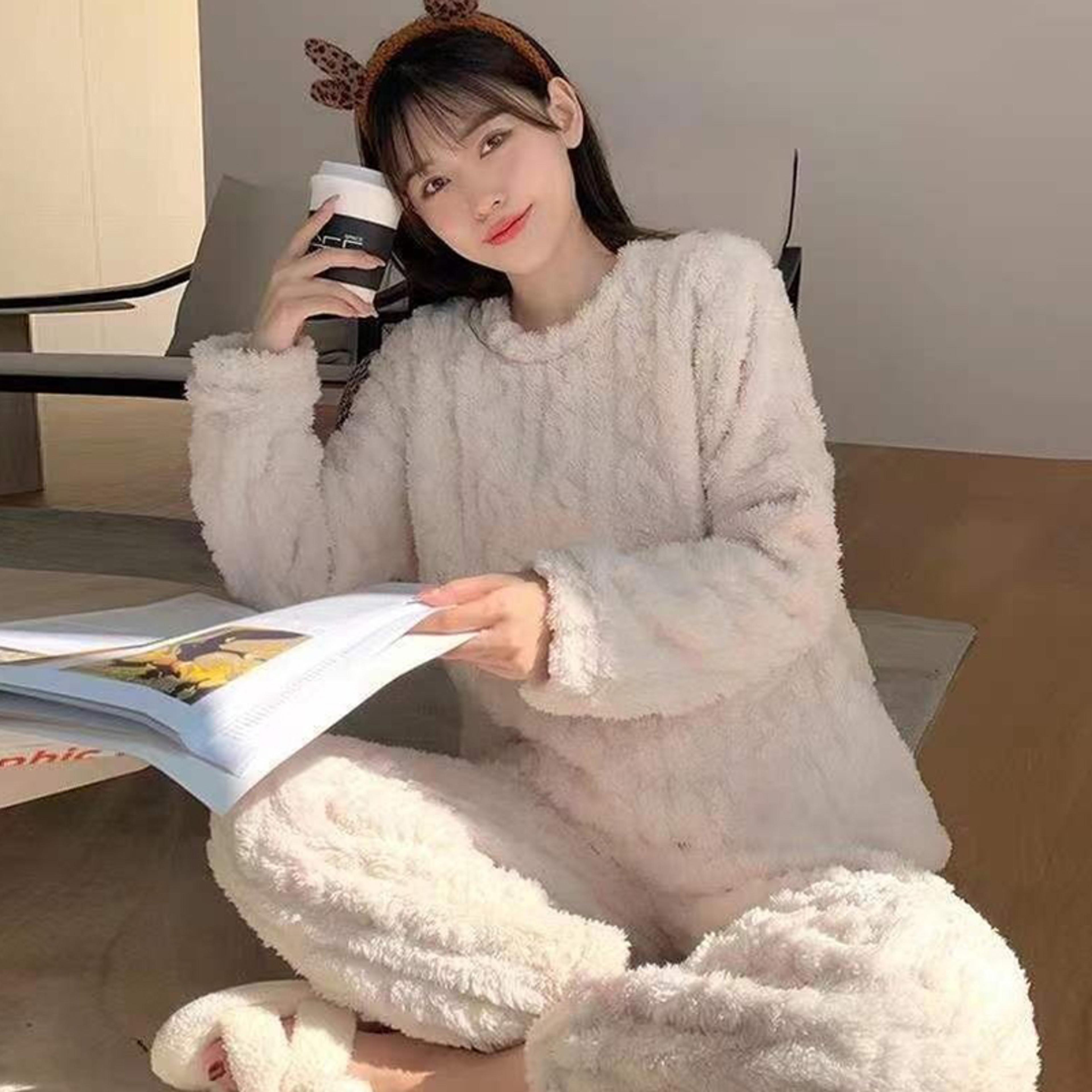 Women Autumn Solid Warm  Thicken Velvet Ribbed Fleece Pullover Casual Pajama Pants Set 6