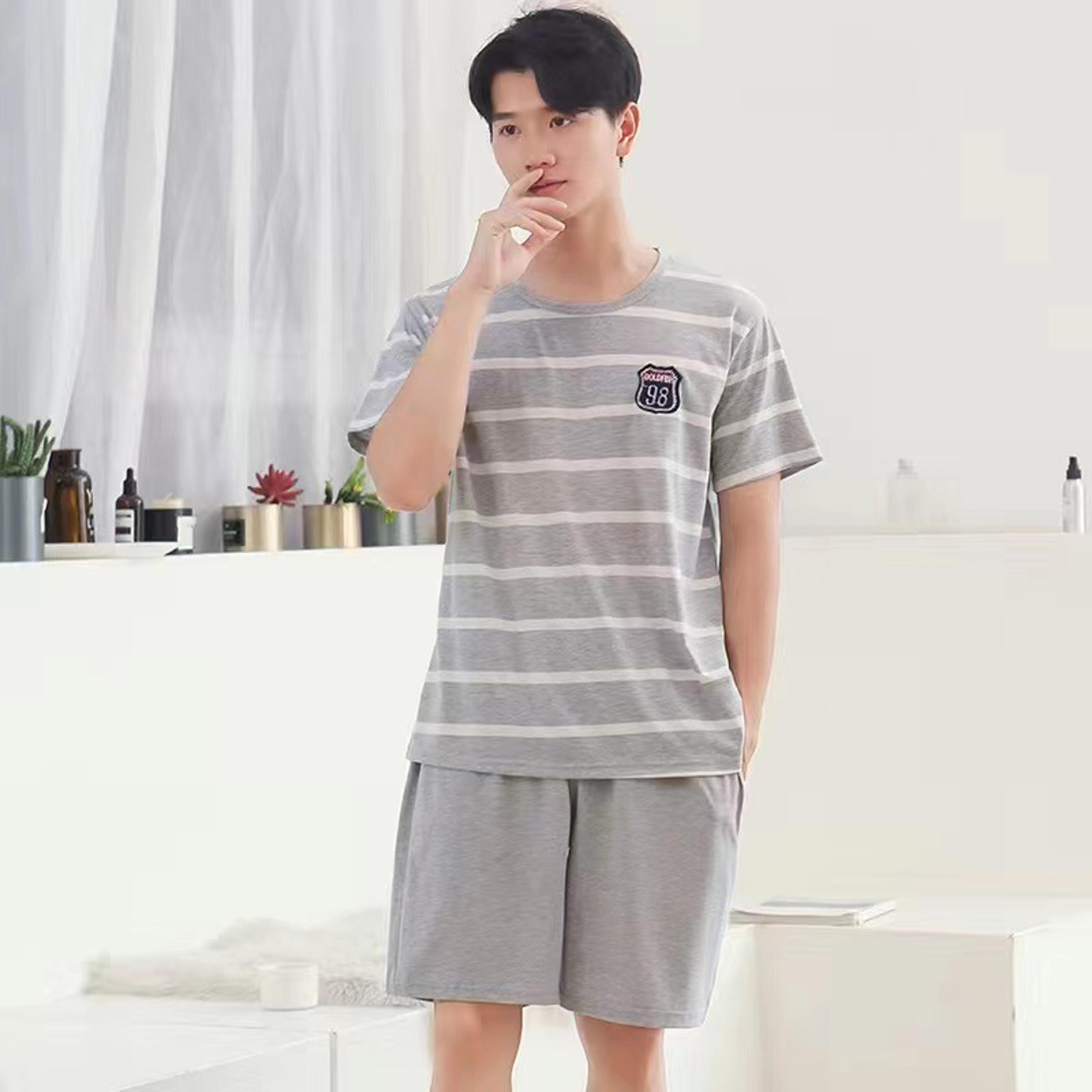 Striped Cotton Mens Pajama Set Athletic Casual Loose Nightwear Loungewear Pants And Top 2