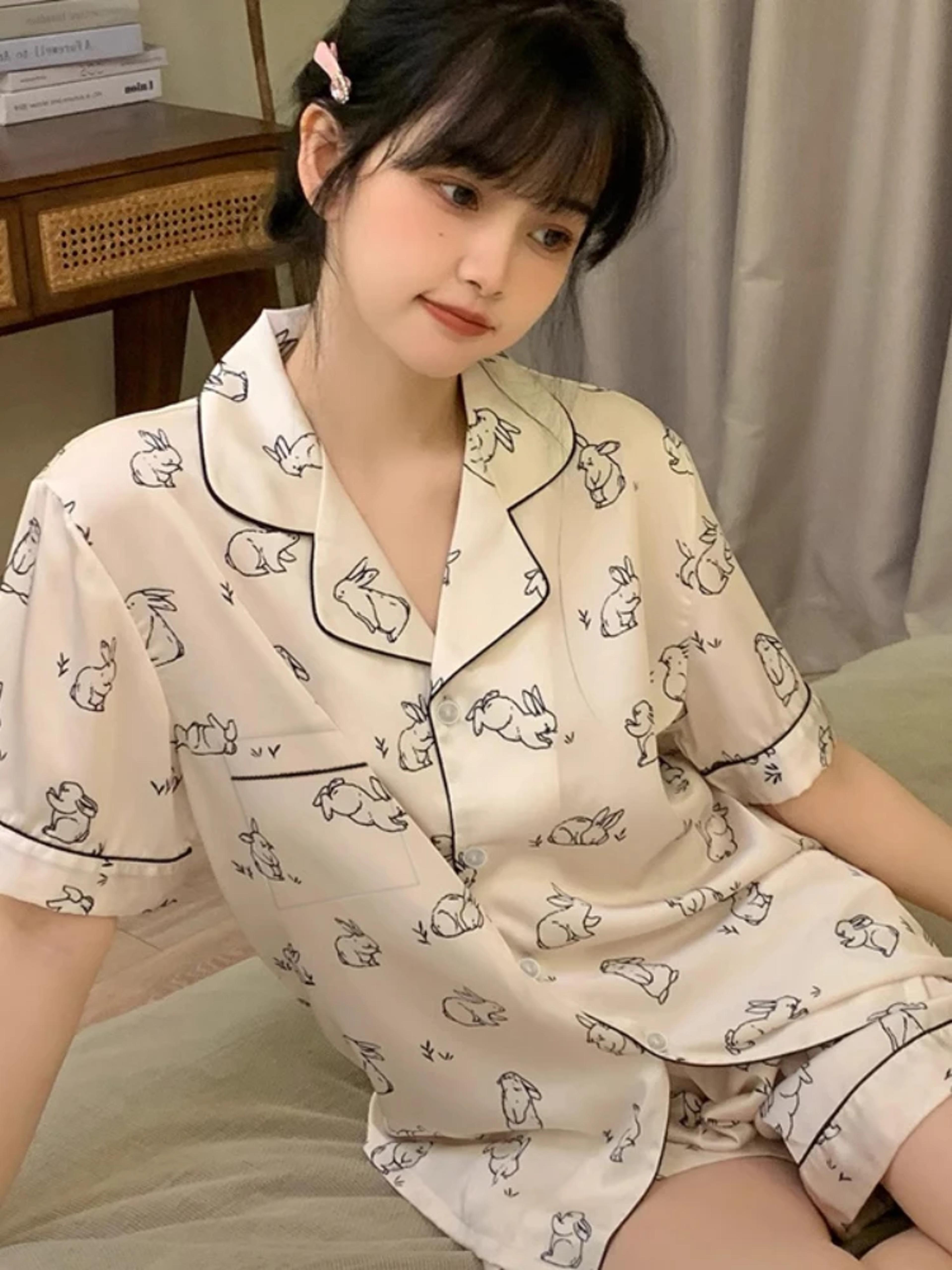 Womens Pink Cute Print Pajama Set Soft Comfy Button Top And Shorts Casual Loungewear Sleepwear Home 6