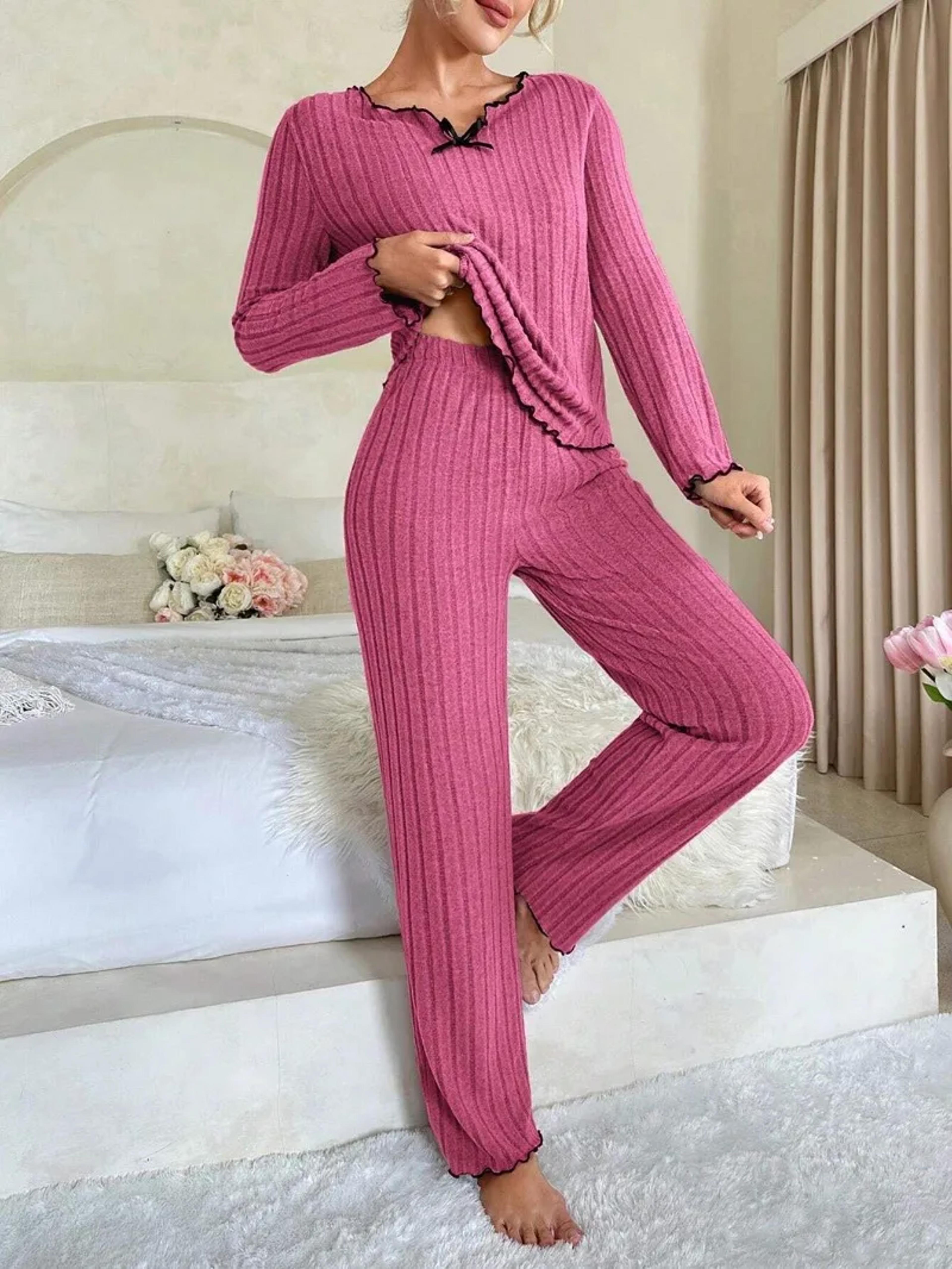 Ribbed Pajamas Set For Women Long Sleeve Top Long Pants 2 Piece Set Autumn Winter Sleepwear 1